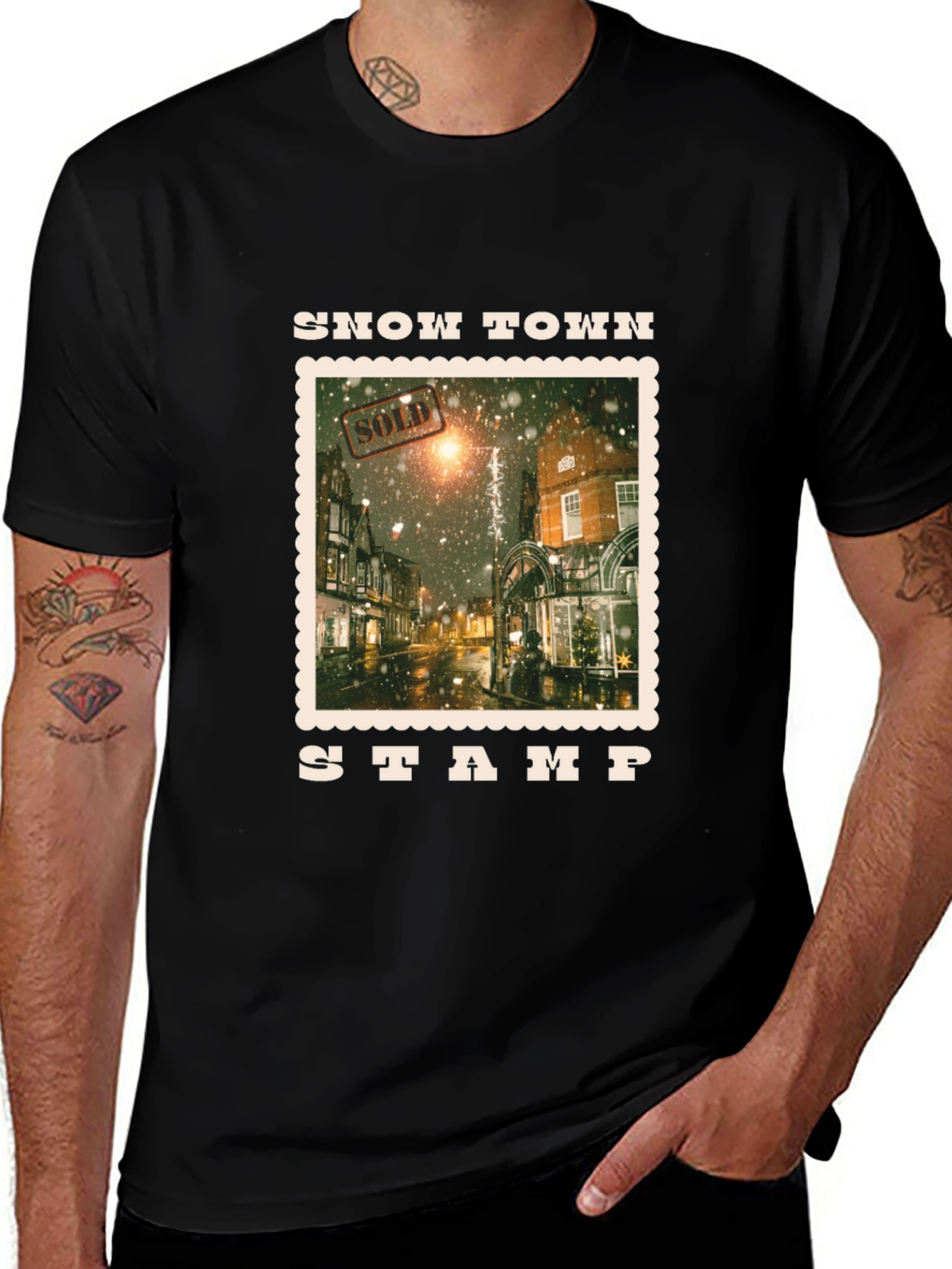 Snow Town Stamp Black T-Shirt