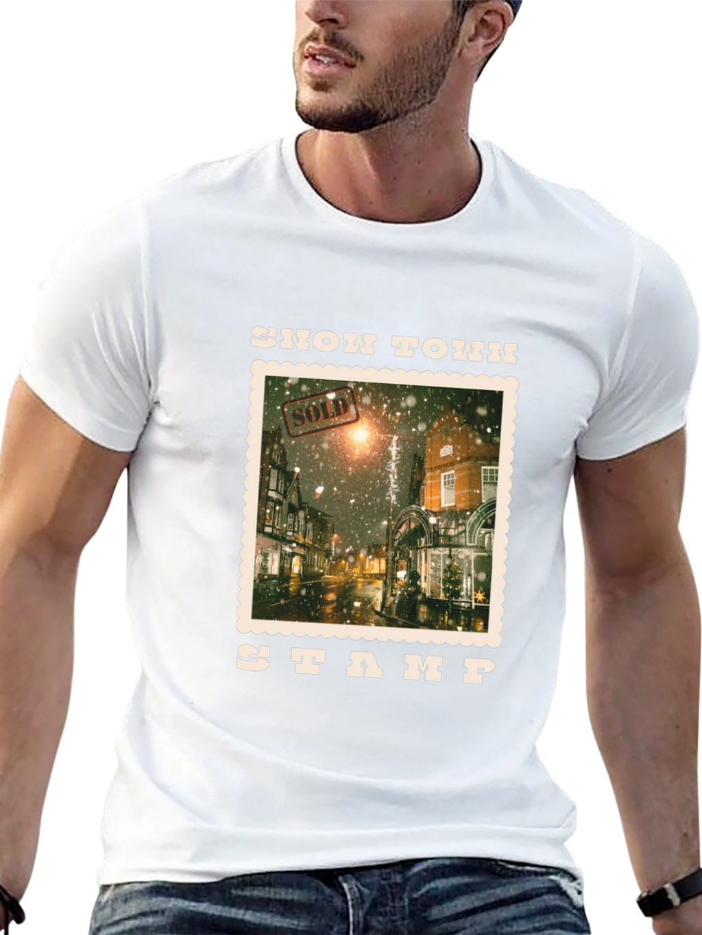 Snow Town Stamp Black T-Shirt