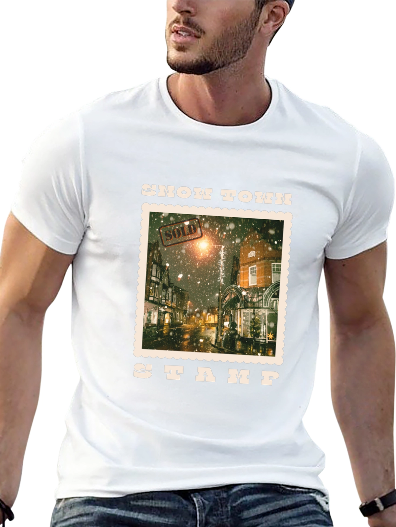 Snow Town Stamp Black T-Shirt