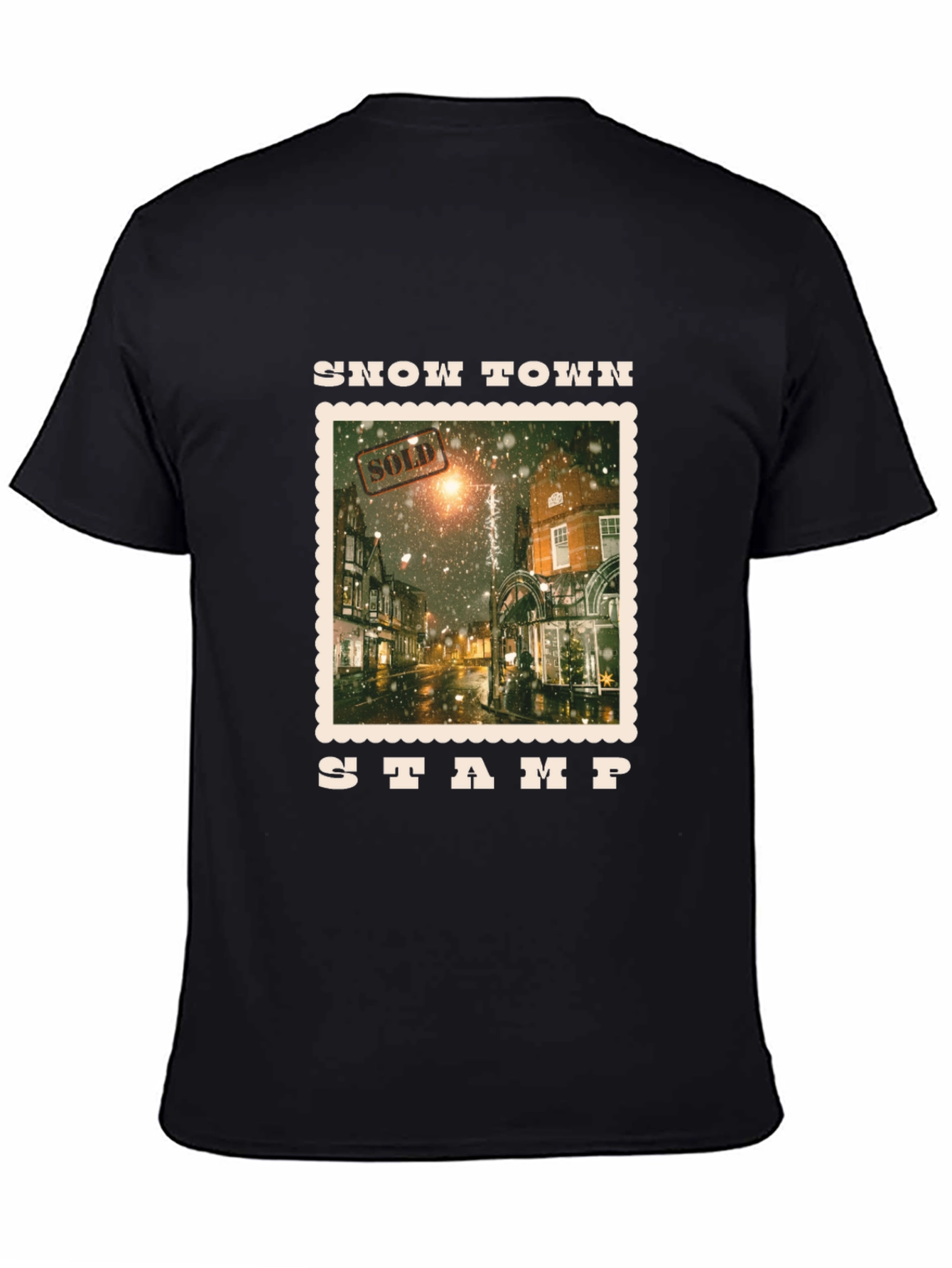 Snow Town Stamp Black T-Shirt