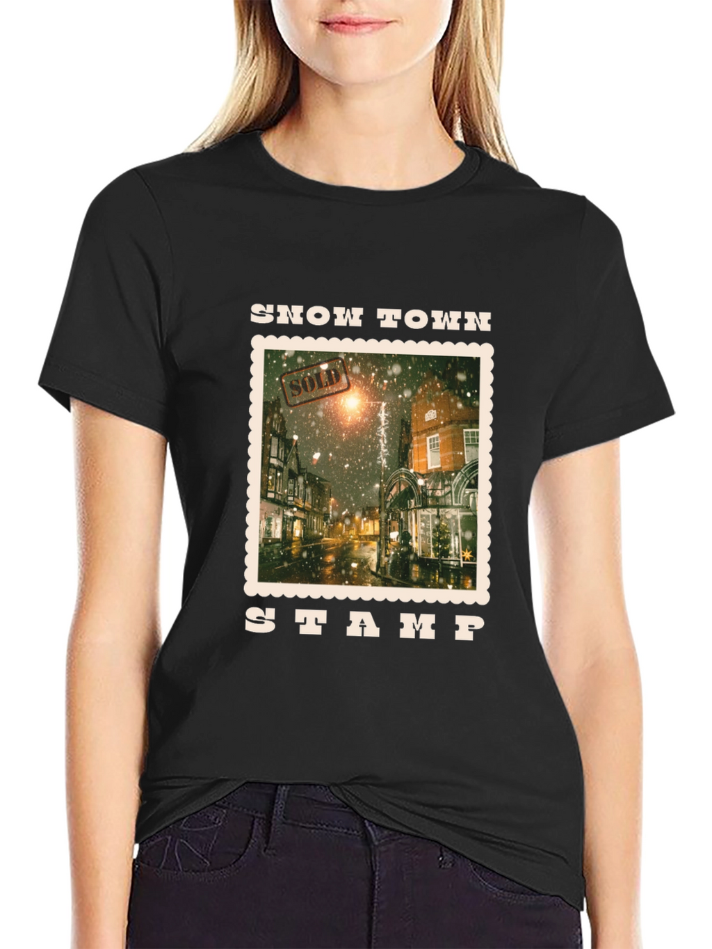 Snow Town Stamp Black T-Shirt