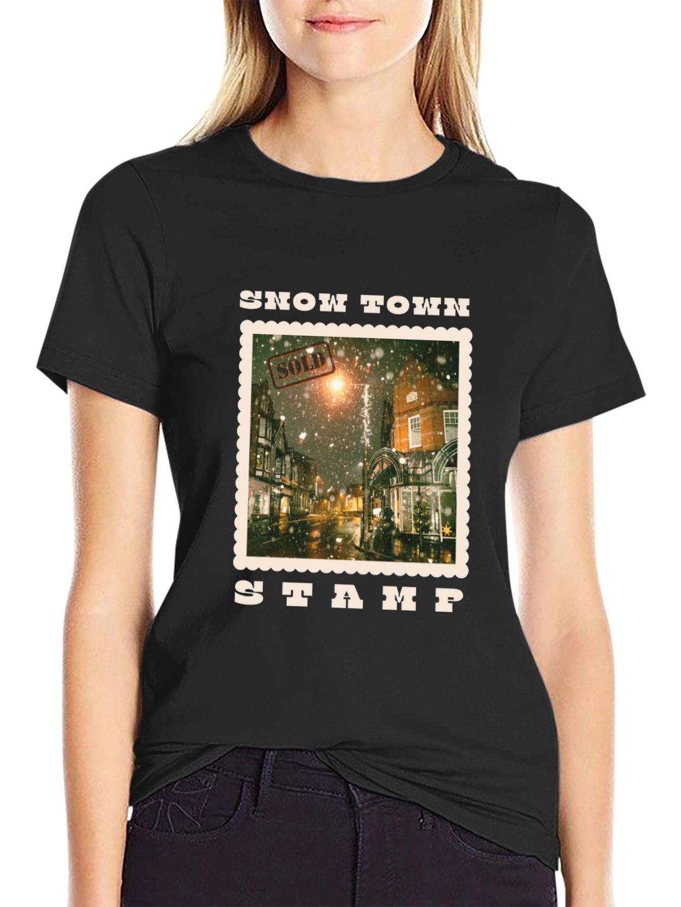 Snow Town Stamp Black T-Shirt