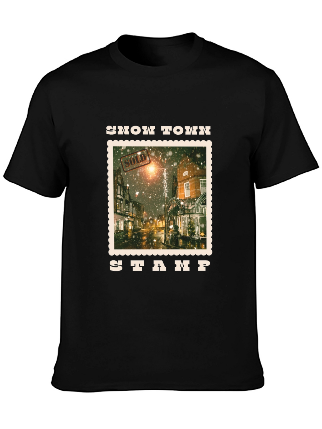 Snow Town Stamp Black T-Shirt