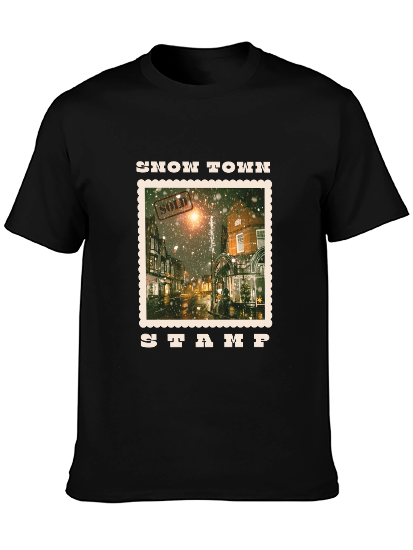Snow Town Stamp Black T-Shirt