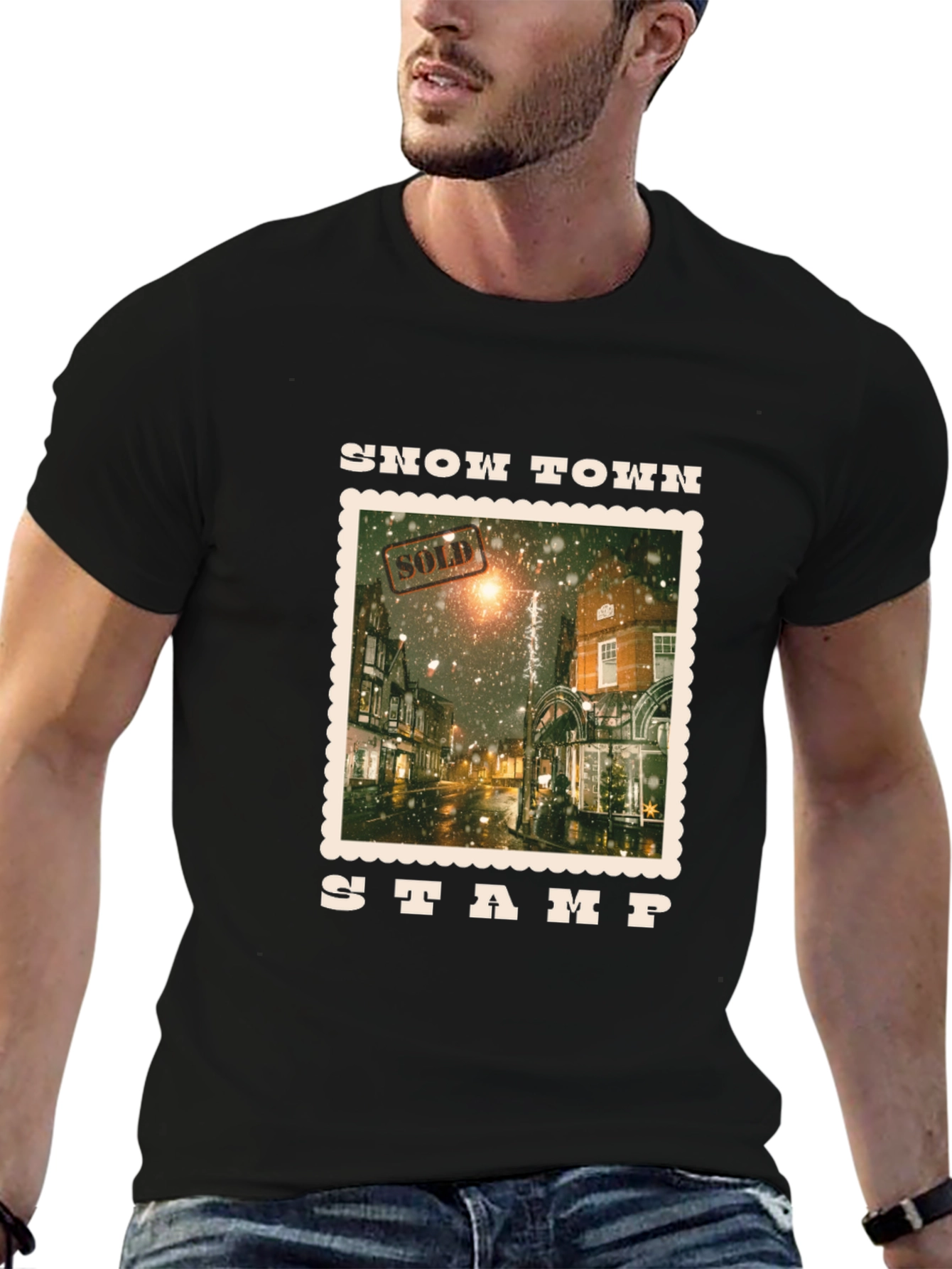 Snow Town Stamp Black T-Shirt