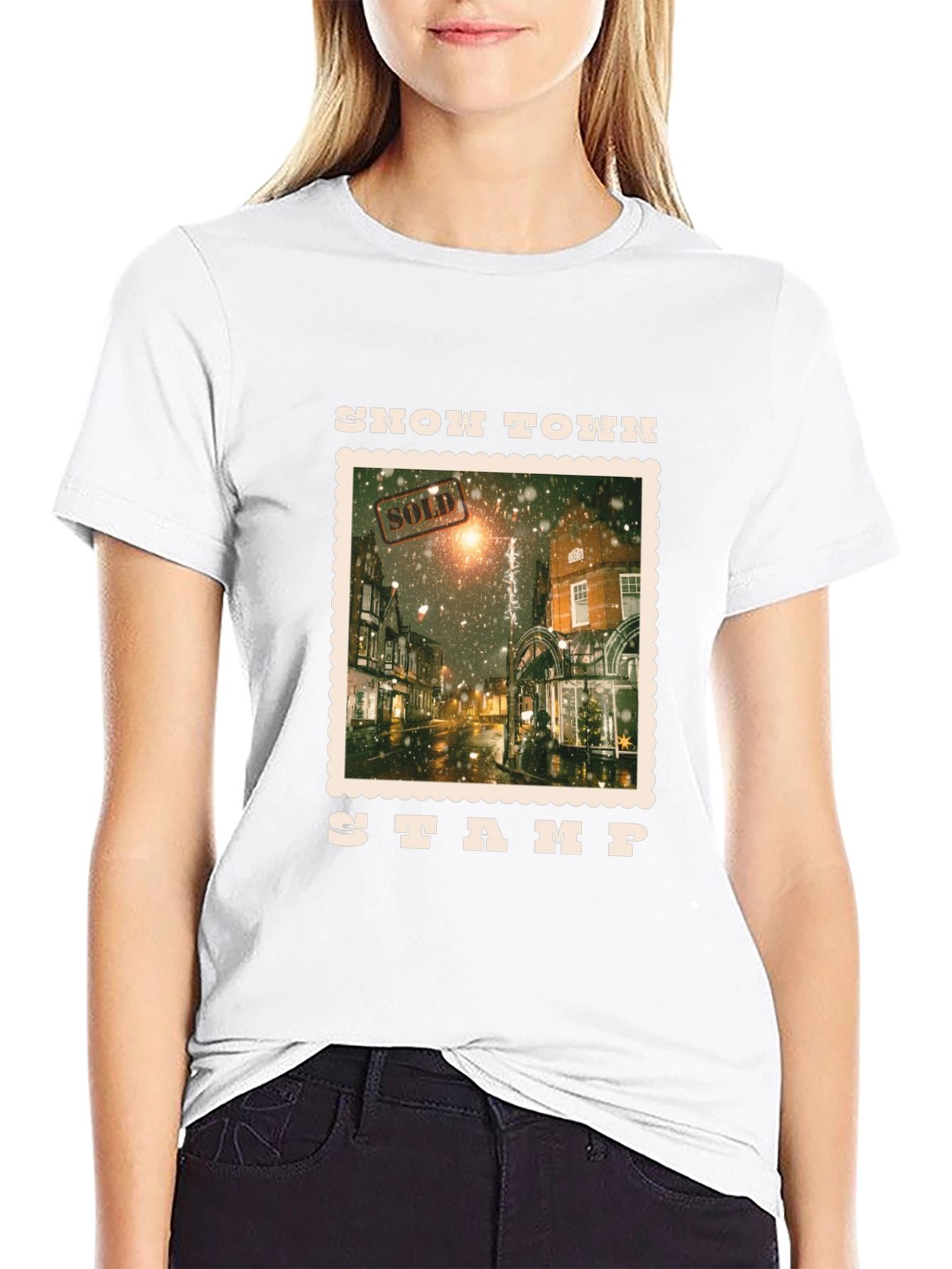 Snow Town Stamp Black T-Shirt