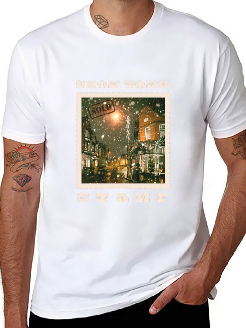 Snow Town Stamp Black T-Shirt