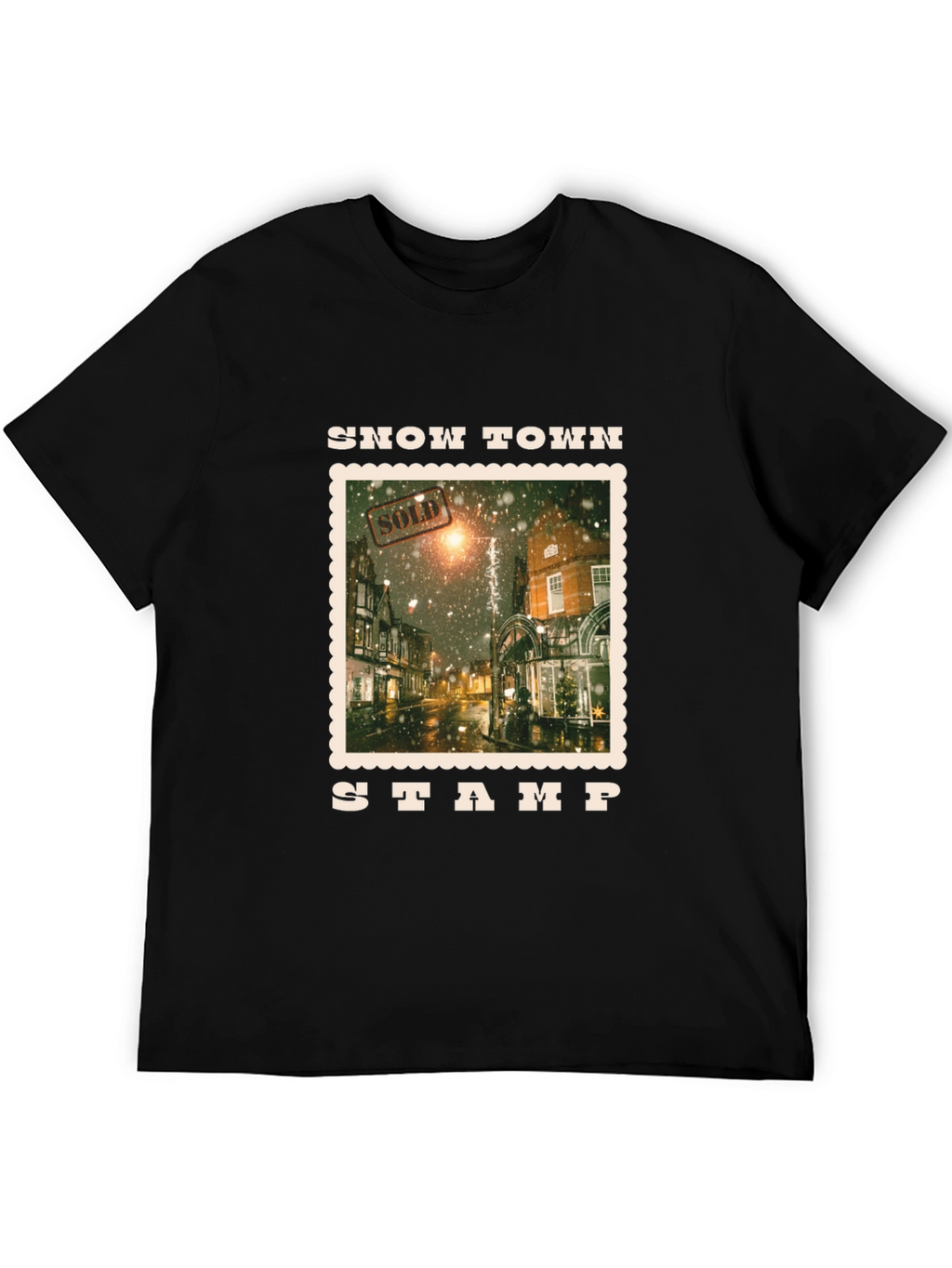 Snow Town Stamp Black T-Shirt