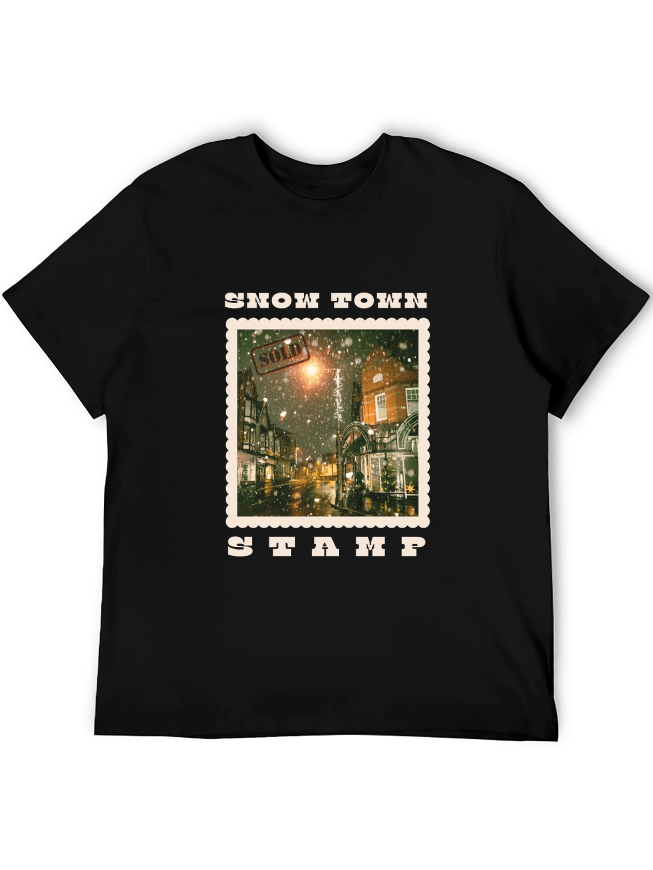 Snow Town Stamp Black T-Shirt