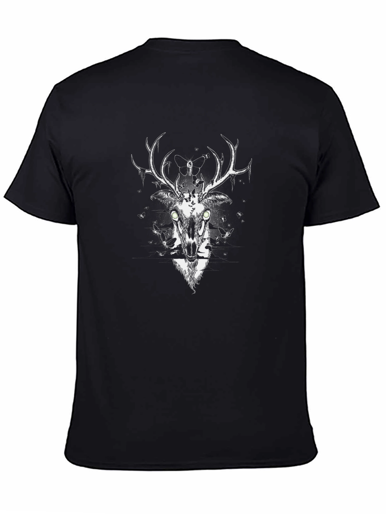 Black Graphic Tee - Stag Skull & Butterfly Design