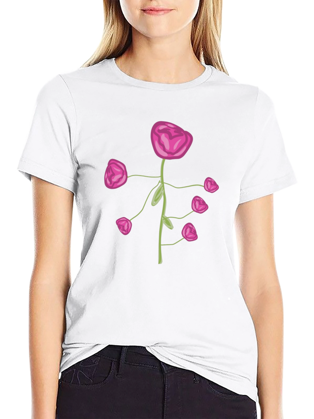 Pink Flower Print Black T-Shirt