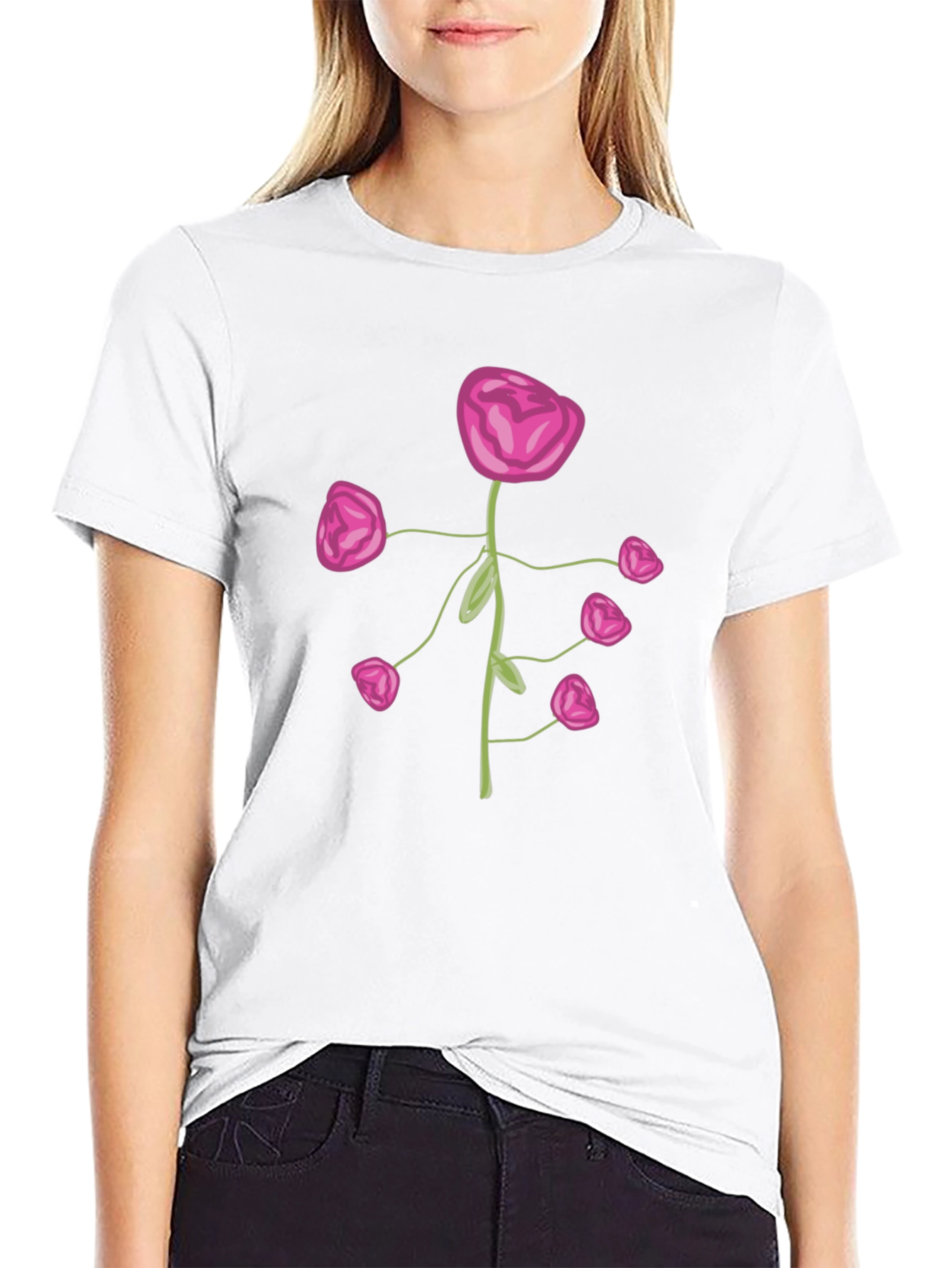 Pink Flower Print Black T-Shirt