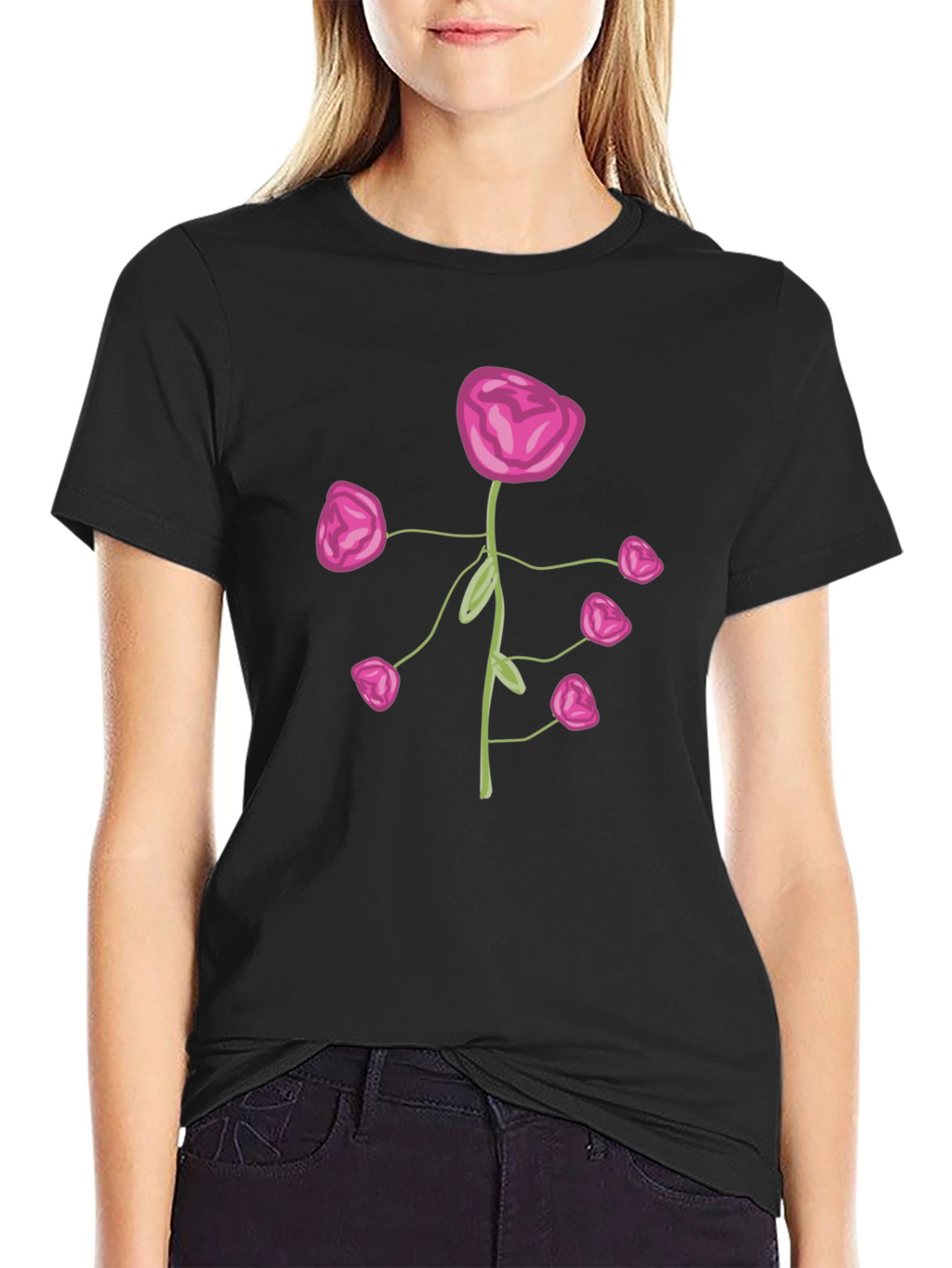 Pink Flower Print Black T-Shirt