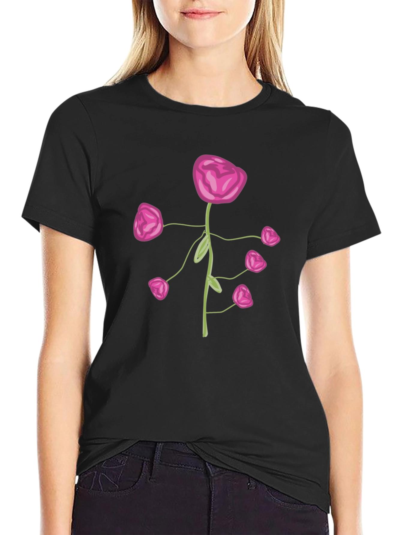 Pink Flower Print Black T-Shirt