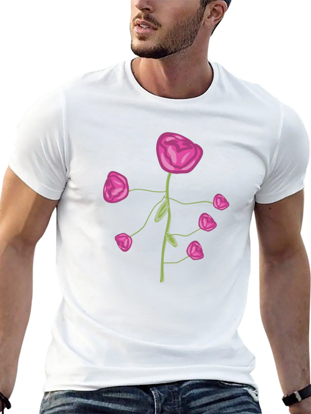 Pink Flower Print Black T-Shirt