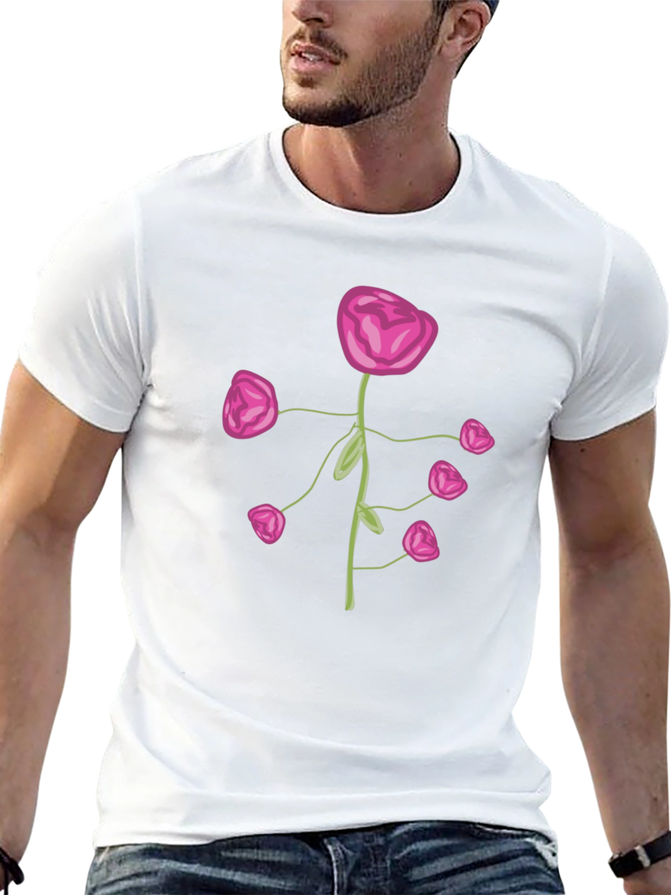 Pink Flower Print Black T-Shirt