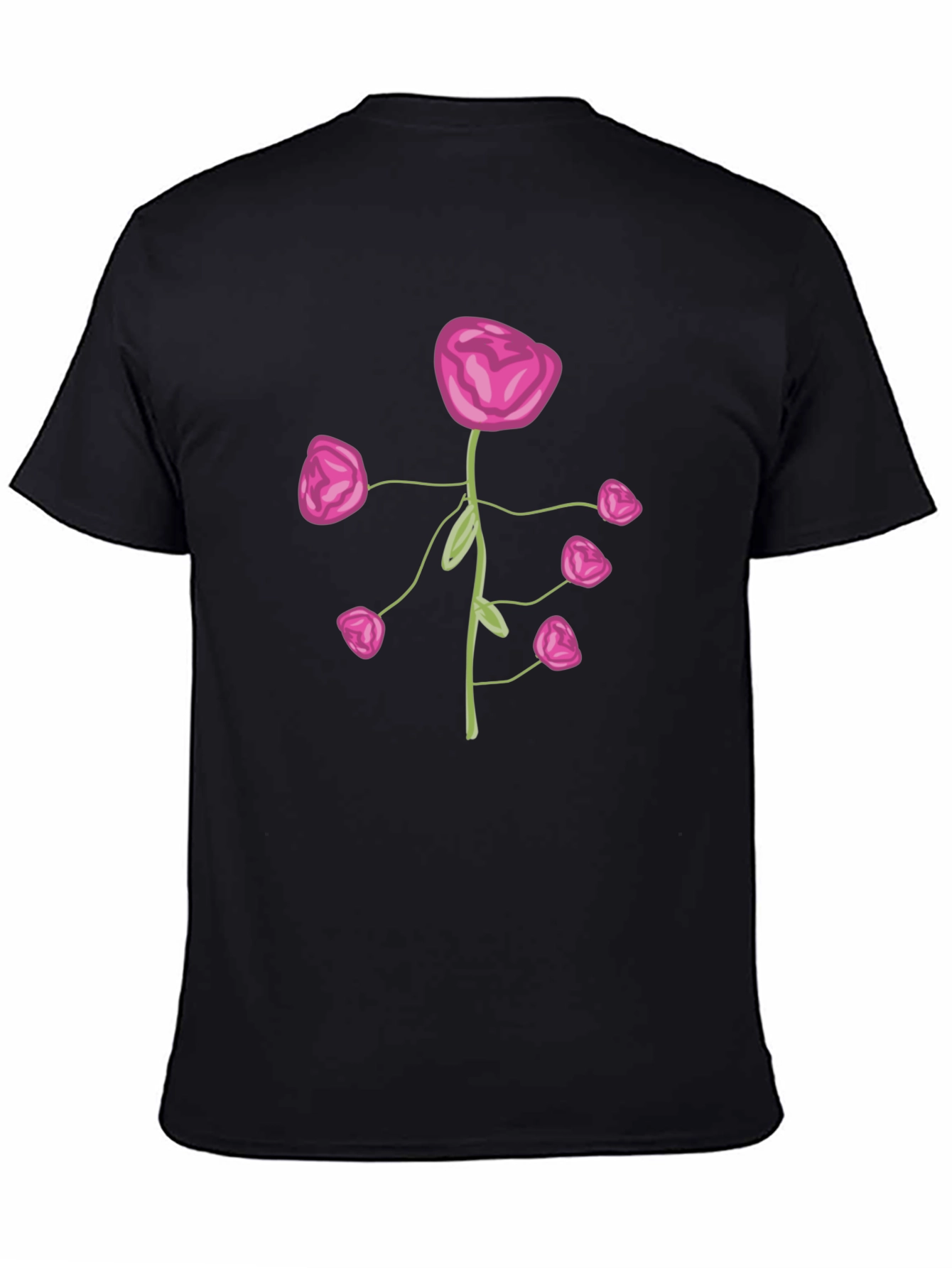 Pink Flower Print Black T-Shirt
