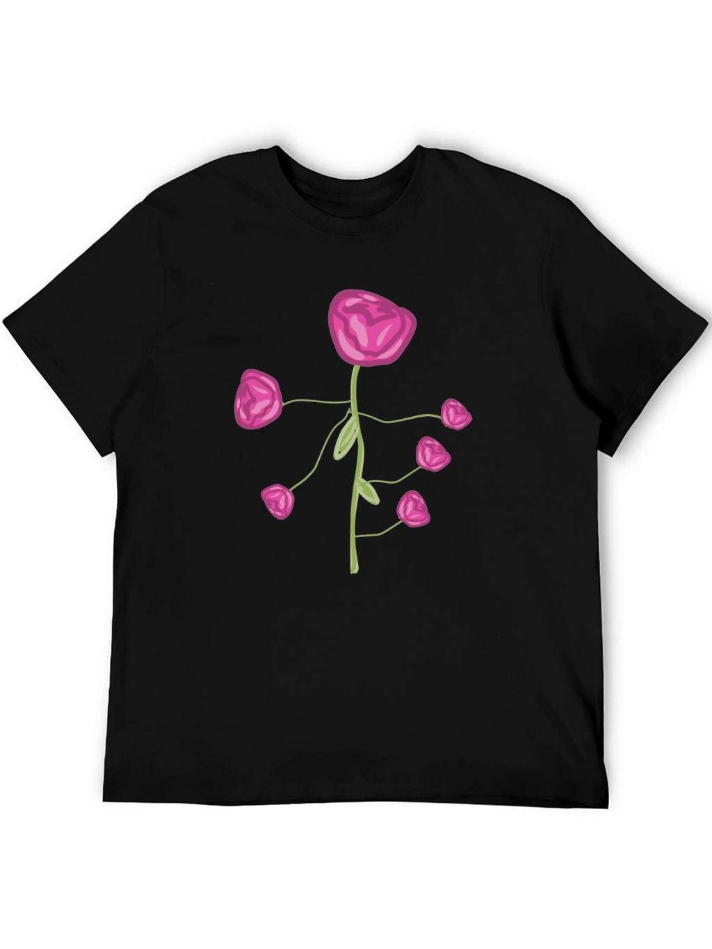 Pink Flower Print Black T-Shirt
