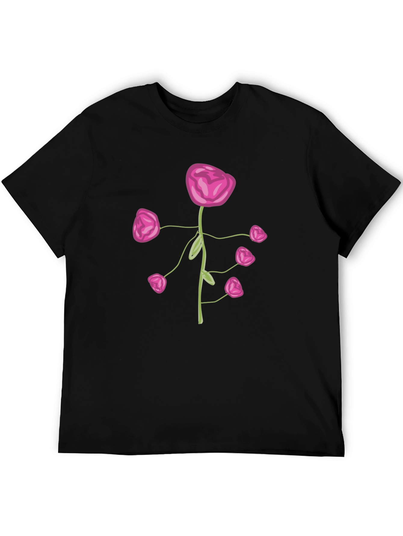 Pink Flower Print Black T-Shirt