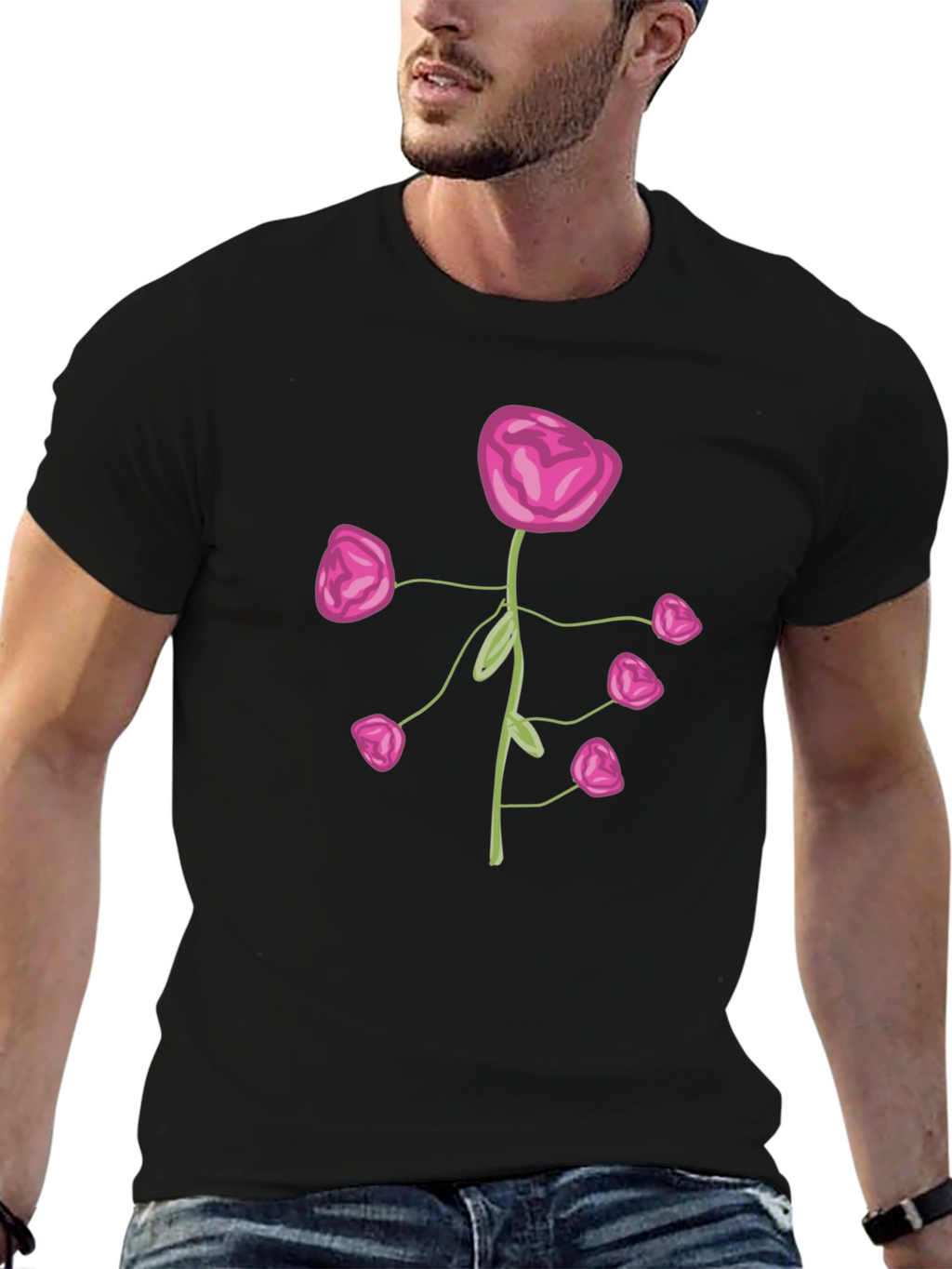 Pink Flower Print Black T-Shirt