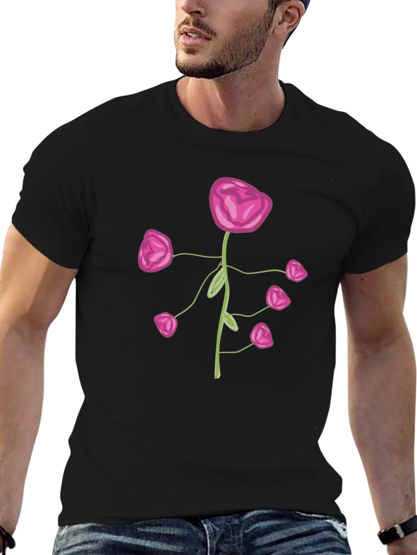 Pink Flower Print Black T-Shirt