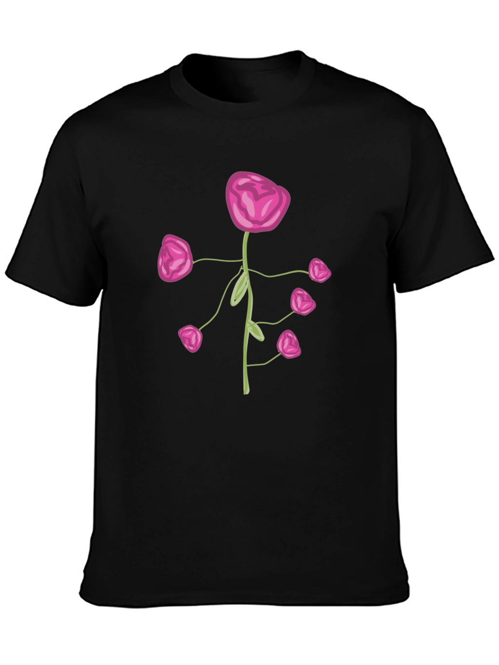 Pink Flower Print Black T-Shirt