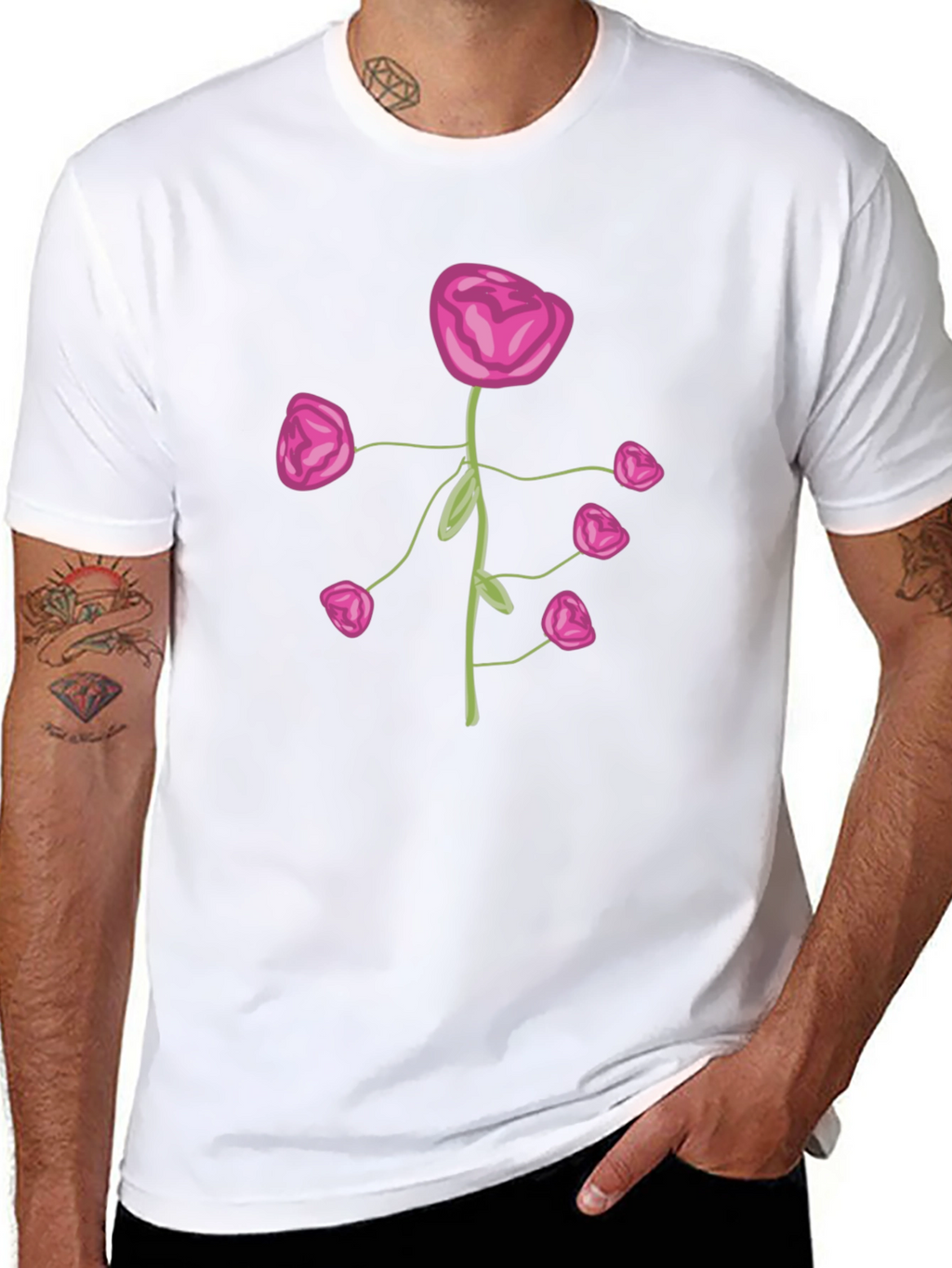 Pink Flower Print Black T-Shirt