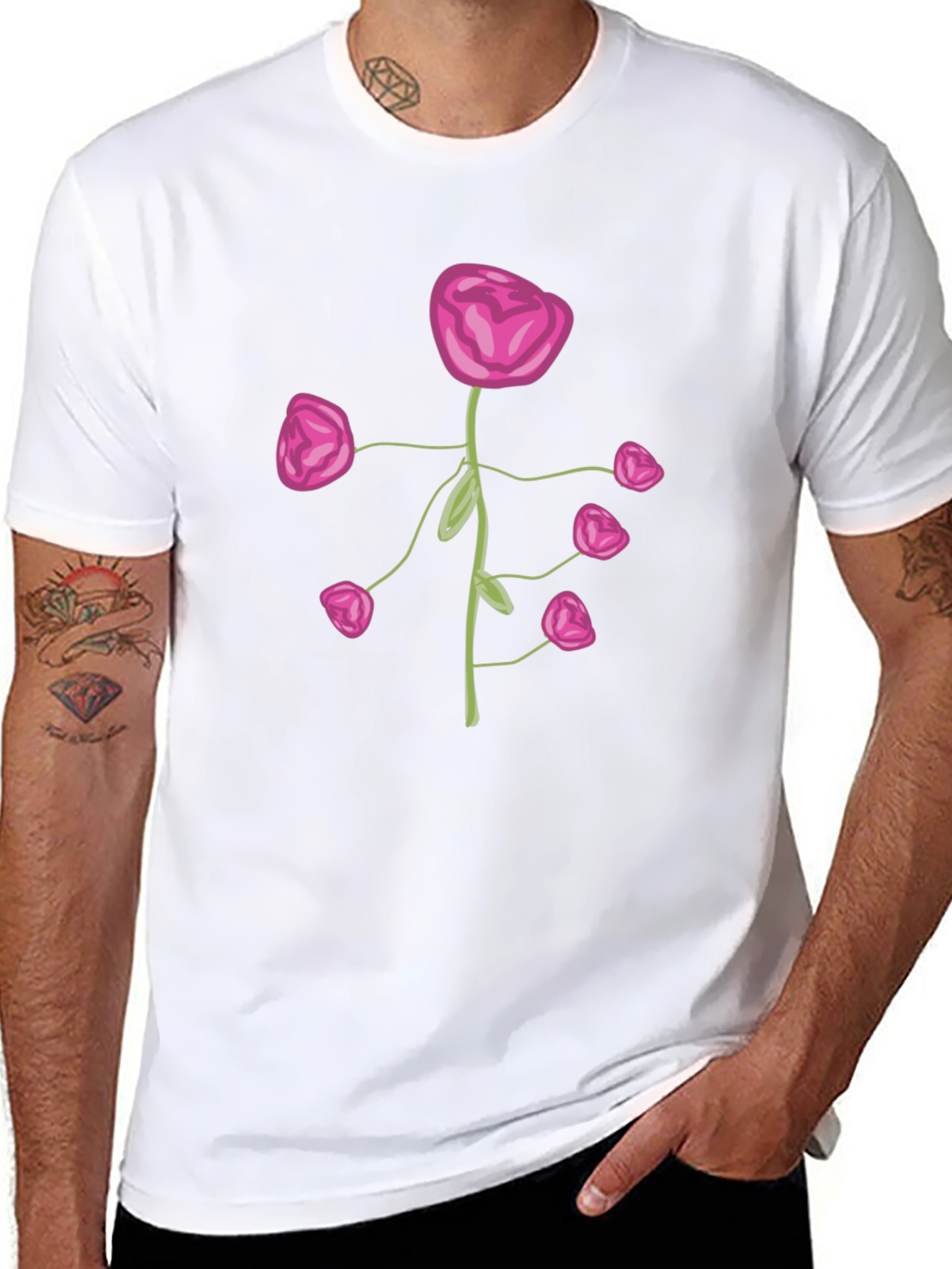 Pink Flower Print Black T-Shirt