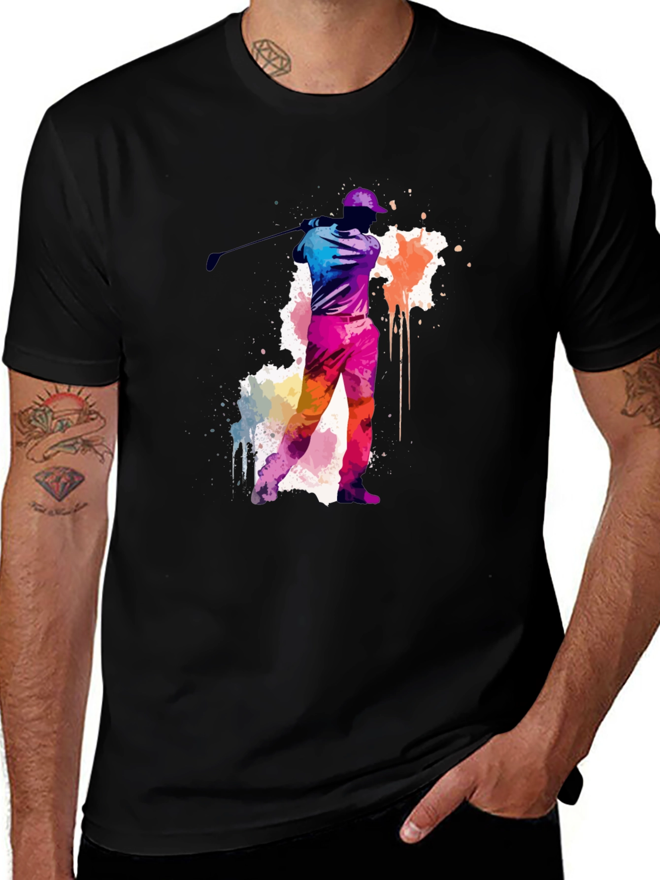 Golfing Watercolor Tee - Black Cotton T-Shirt