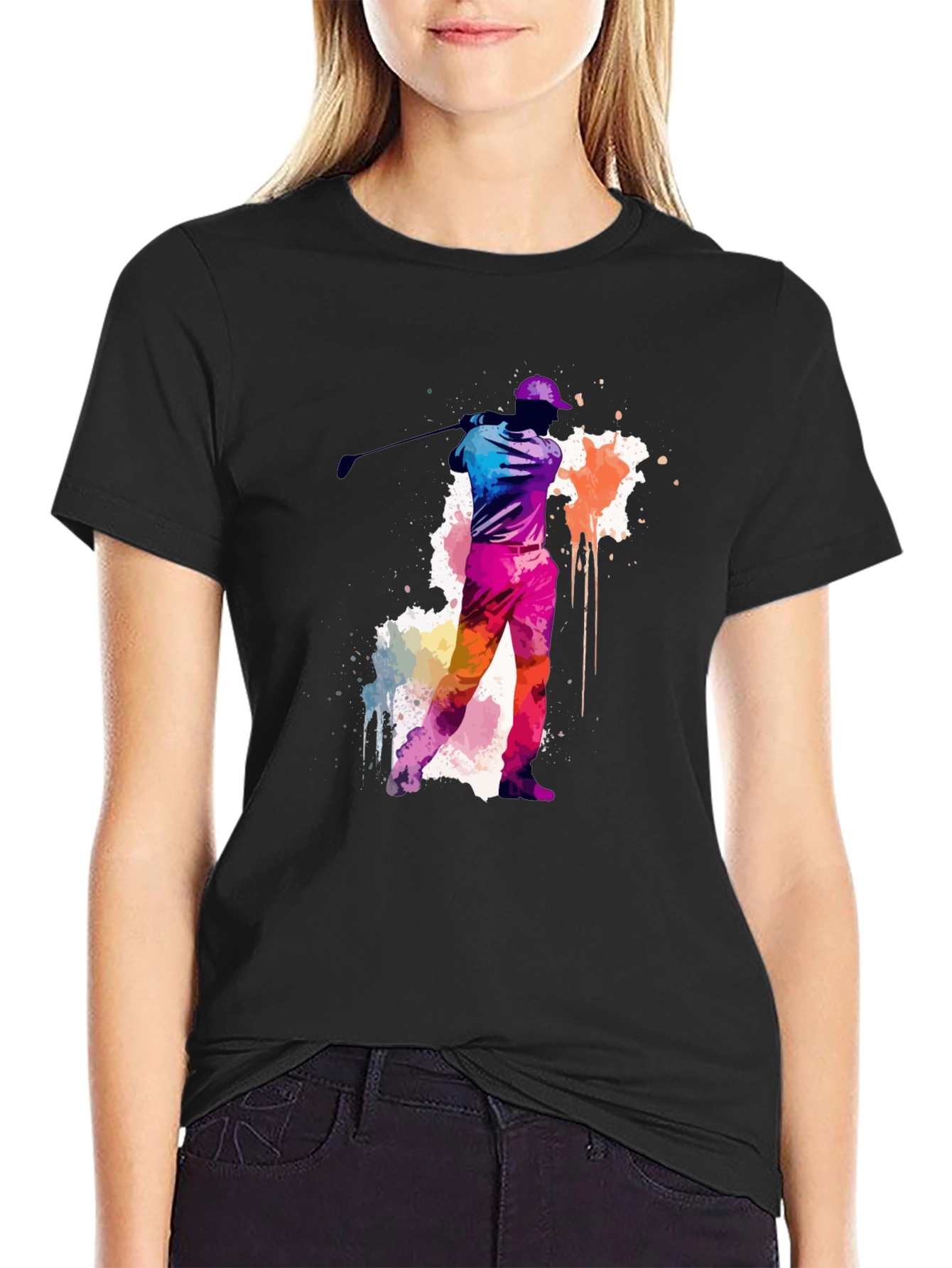 Golfing Watercolor Tee - Black Cotton T-Shirt