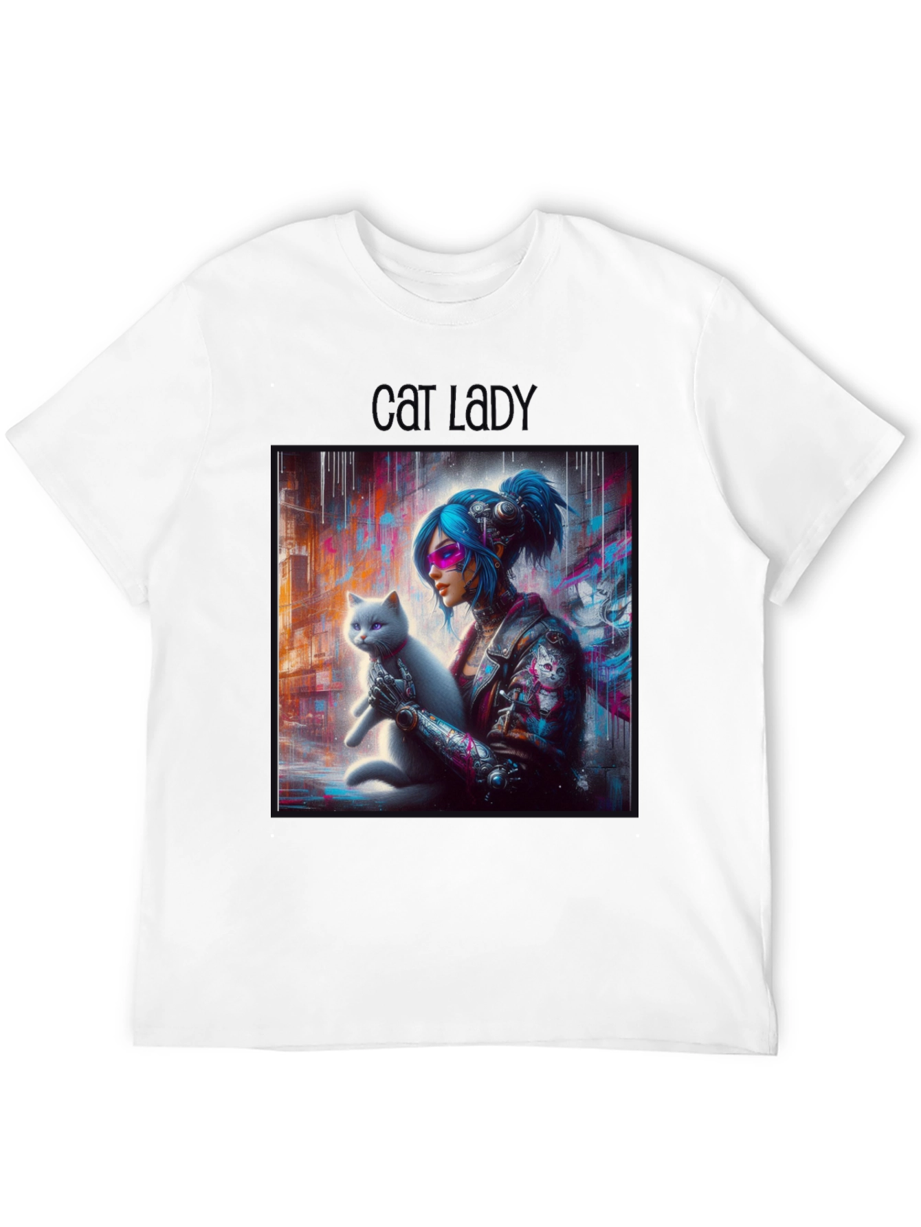 Cyberpunk Cat Lady Graphic Tee - Unisex Black T-Shirt
