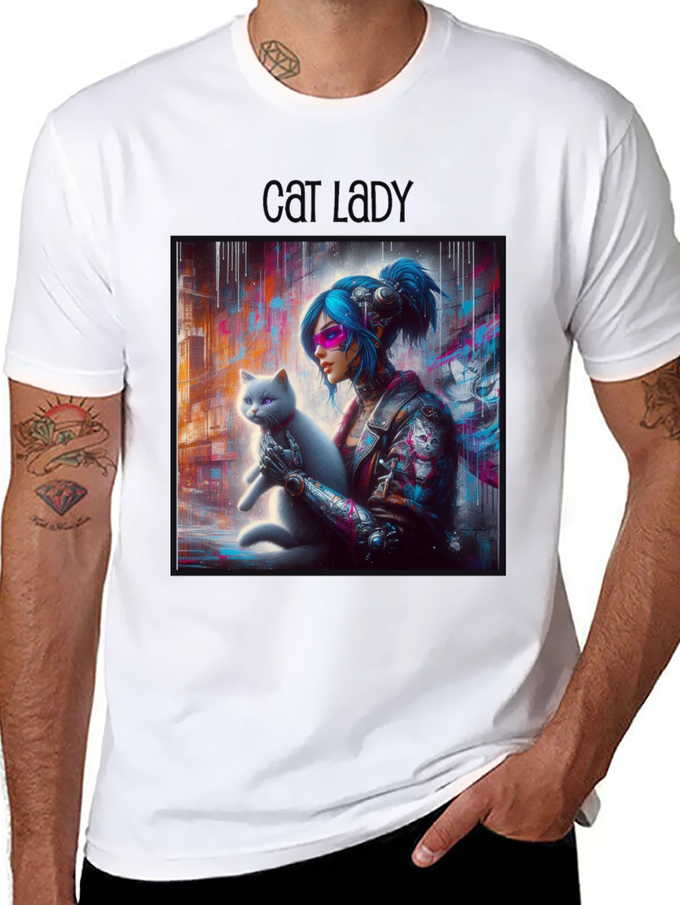 Cyberpunk Cat Lady Graphic Tee - Unisex Black T-Shirt