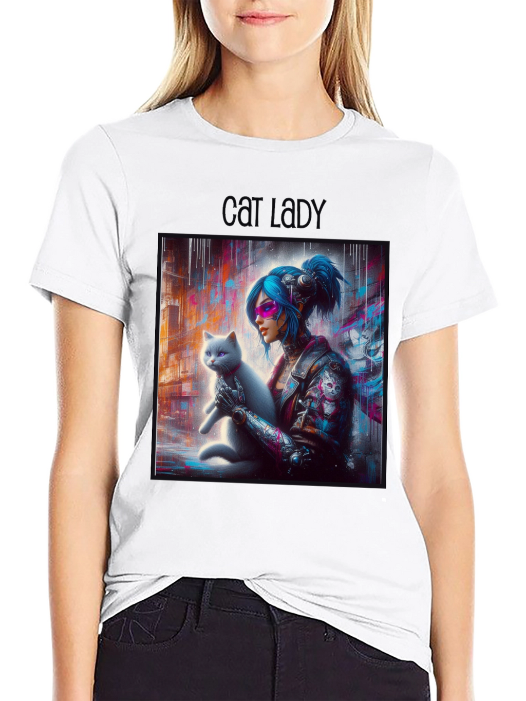 Cyberpunk Cat Lady Graphic Tee - Unisex Black T-Shirt