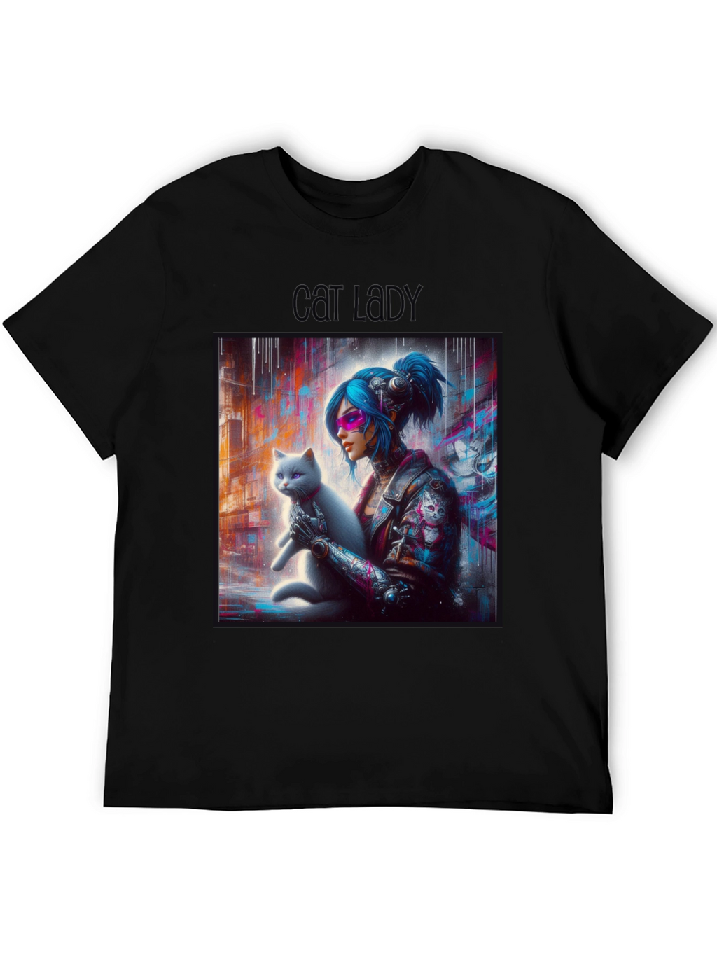 Cyberpunk Cat Lady Graphic Tee - Unisex Black T-Shirt