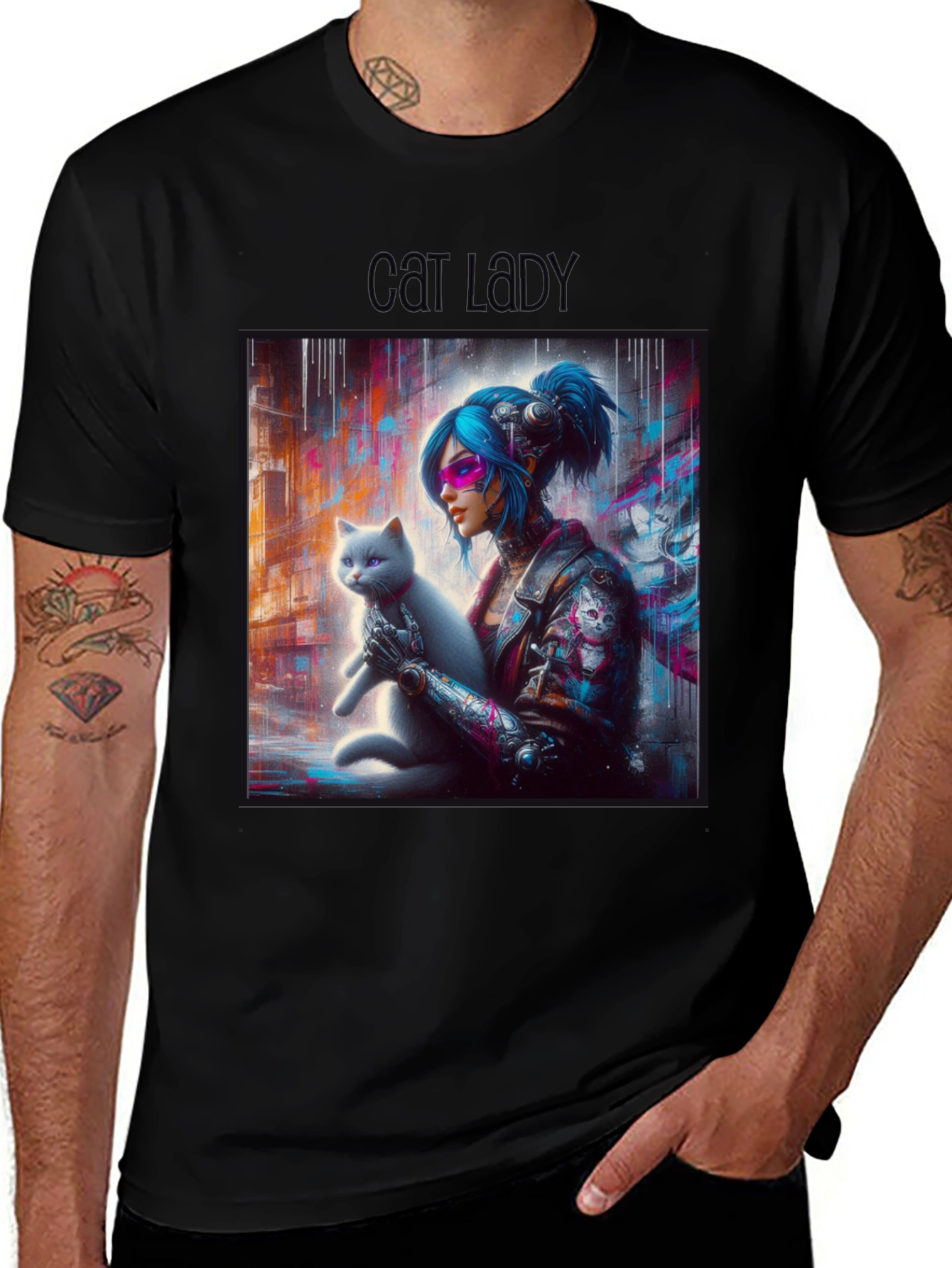 Cyberpunk Cat Lady Graphic Tee - Unisex Black T-Shirt