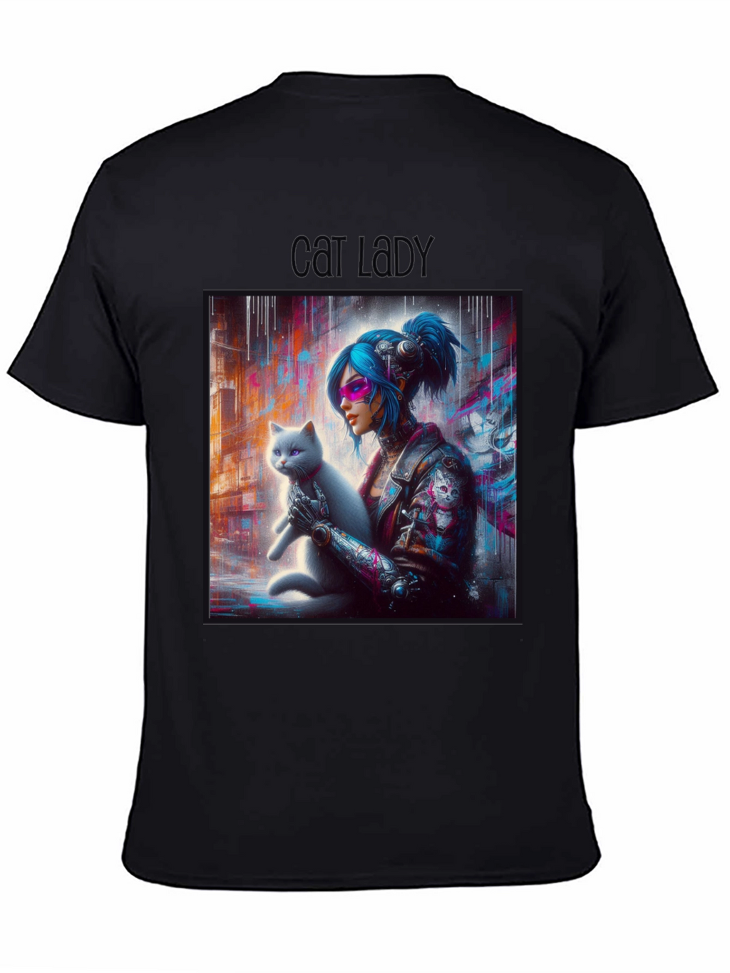 Cyberpunk Cat Lady Graphic Tee - Unisex Black T-Shirt