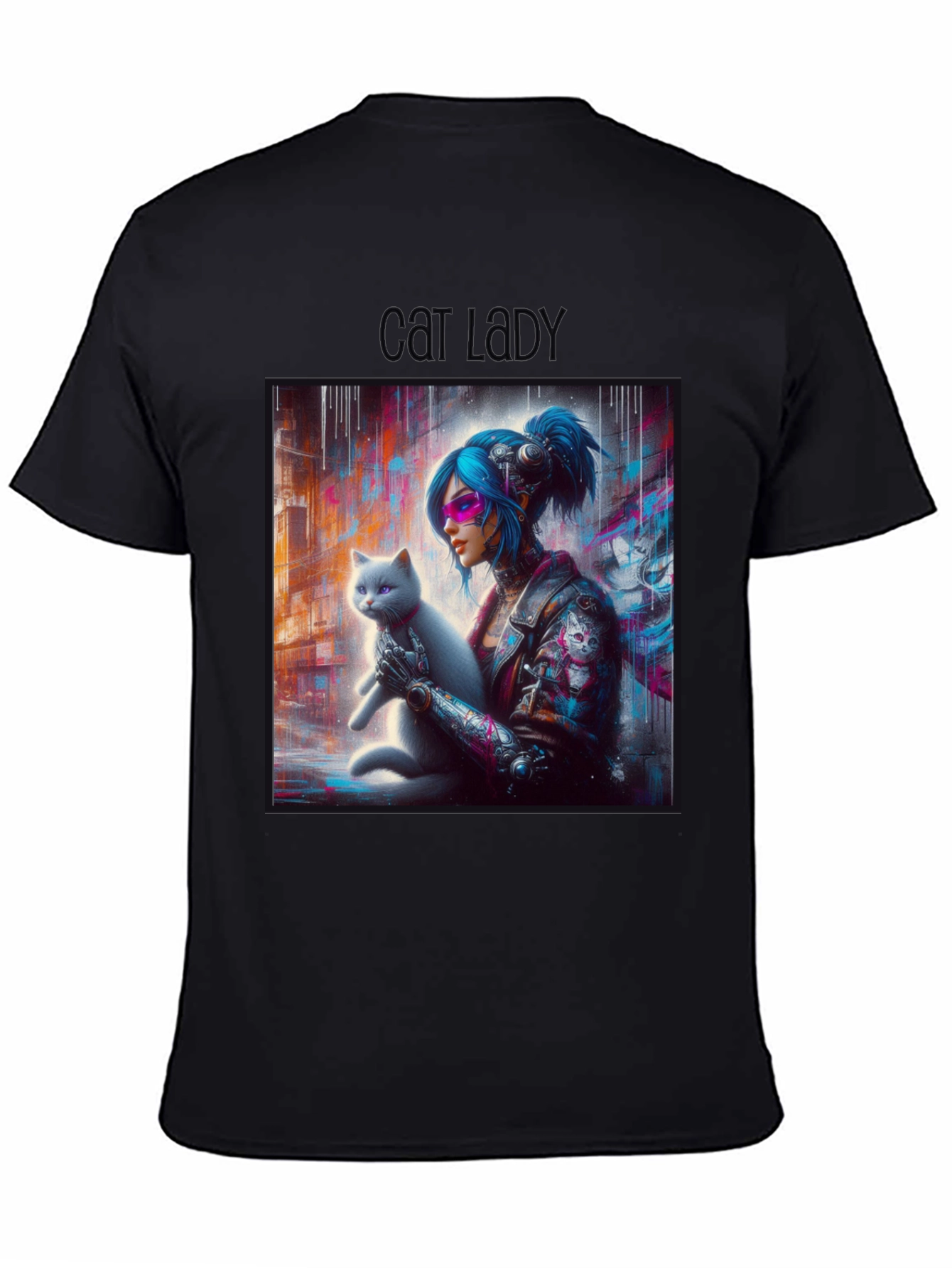 Cyberpunk Cat Lady Graphic Tee - Unisex Black T-Shirt