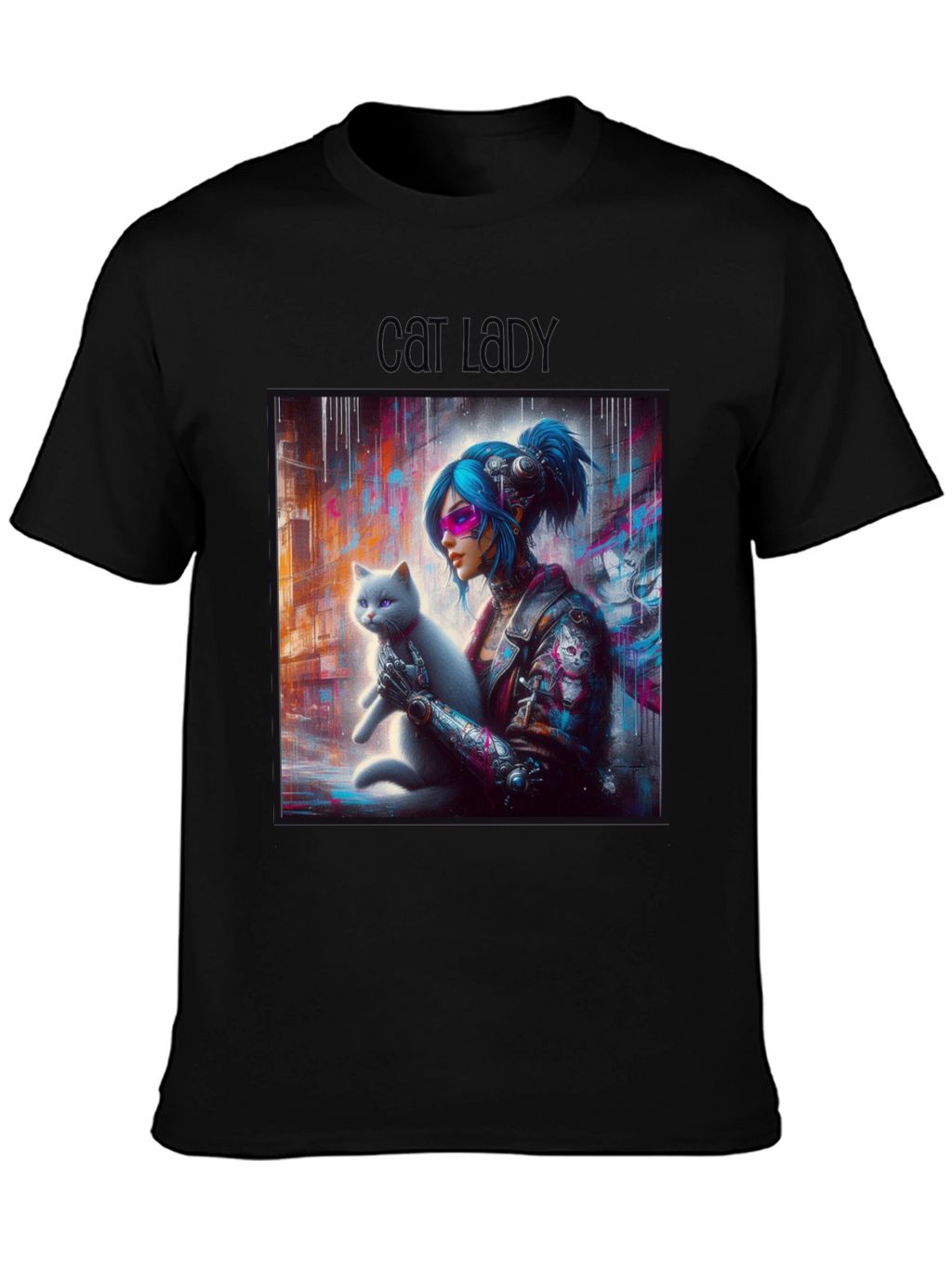Cyberpunk Cat Lady Graphic Tee - Unisex Black T-Shirt