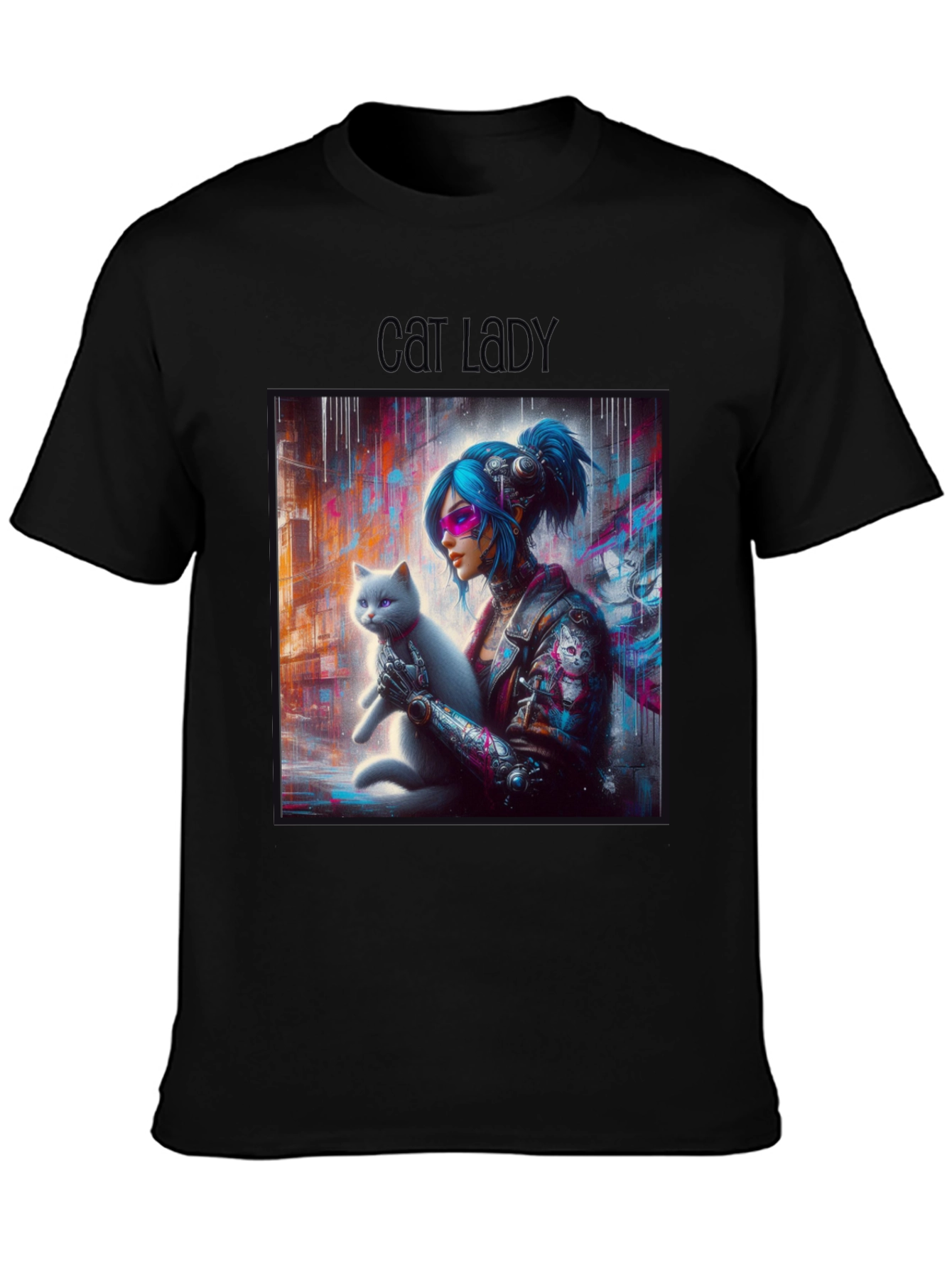 Cyberpunk Cat Lady Graphic Tee - Unisex Black T-Shirt