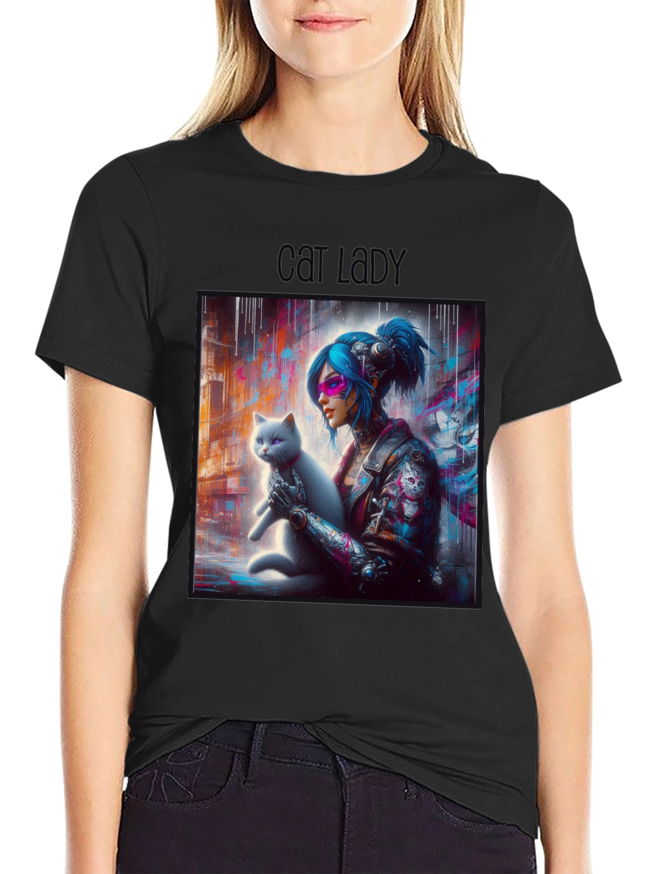 Cyberpunk Cat Lady Graphic Tee - Unisex Black T-Shirt
