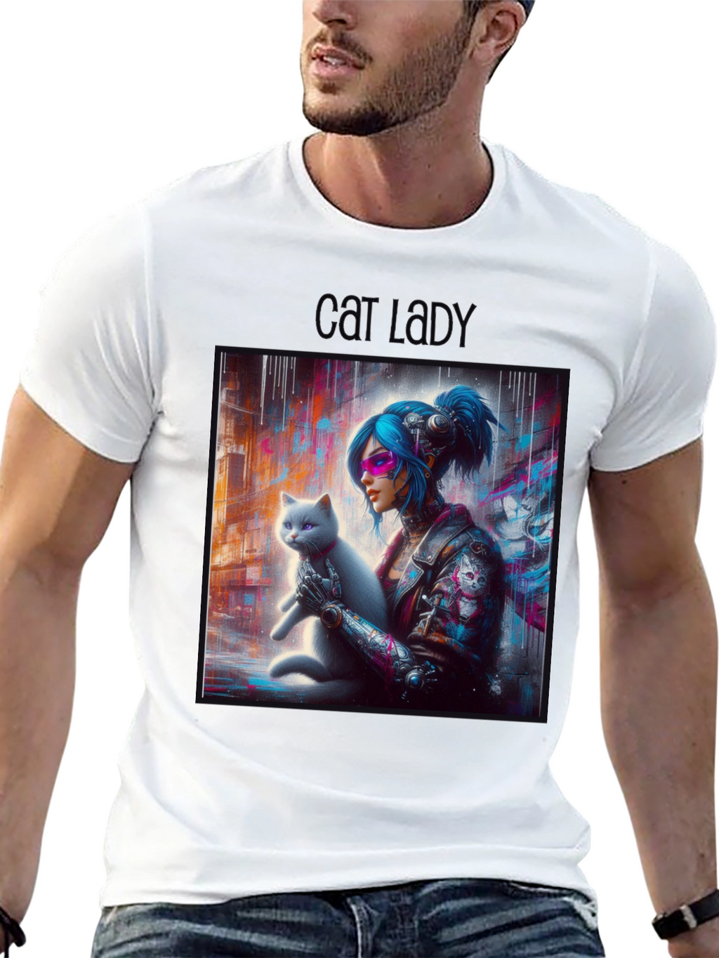 Cyberpunk Cat Lady Graphic Tee - Unisex Black T-Shirt
