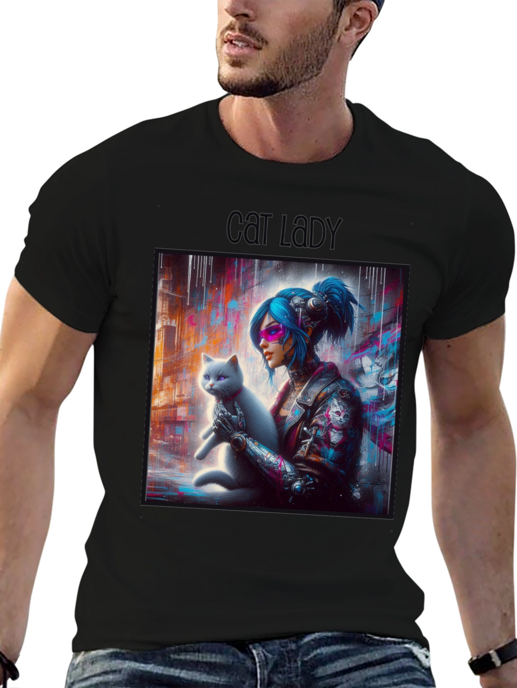 Cyberpunk Cat Lady Graphic Tee - Unisex Black T-Shirt