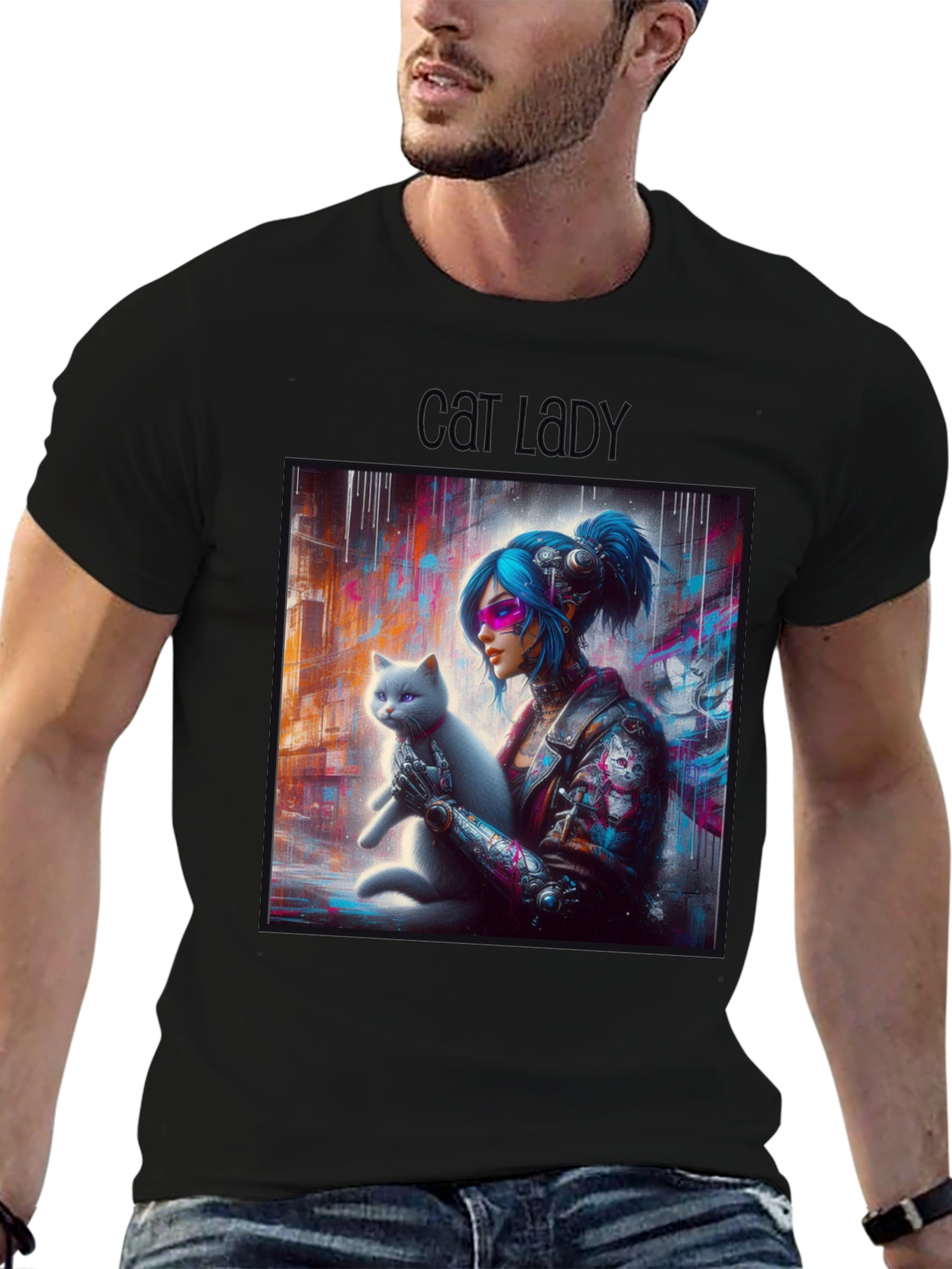 Cyberpunk Cat Lady Graphic Tee - Unisex Black T-Shirt