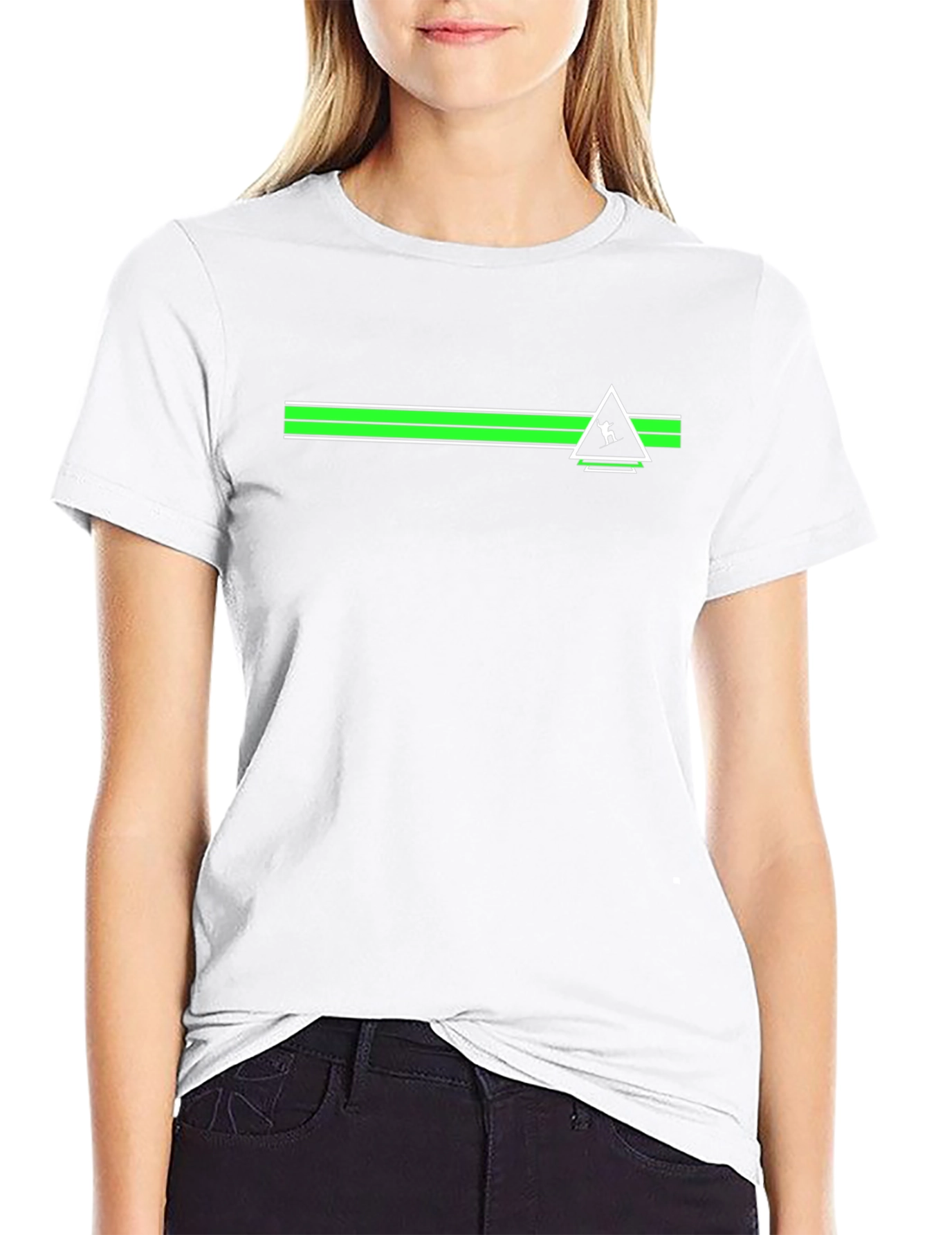 Geometric Green Striped Graphic Black T-Shirt
