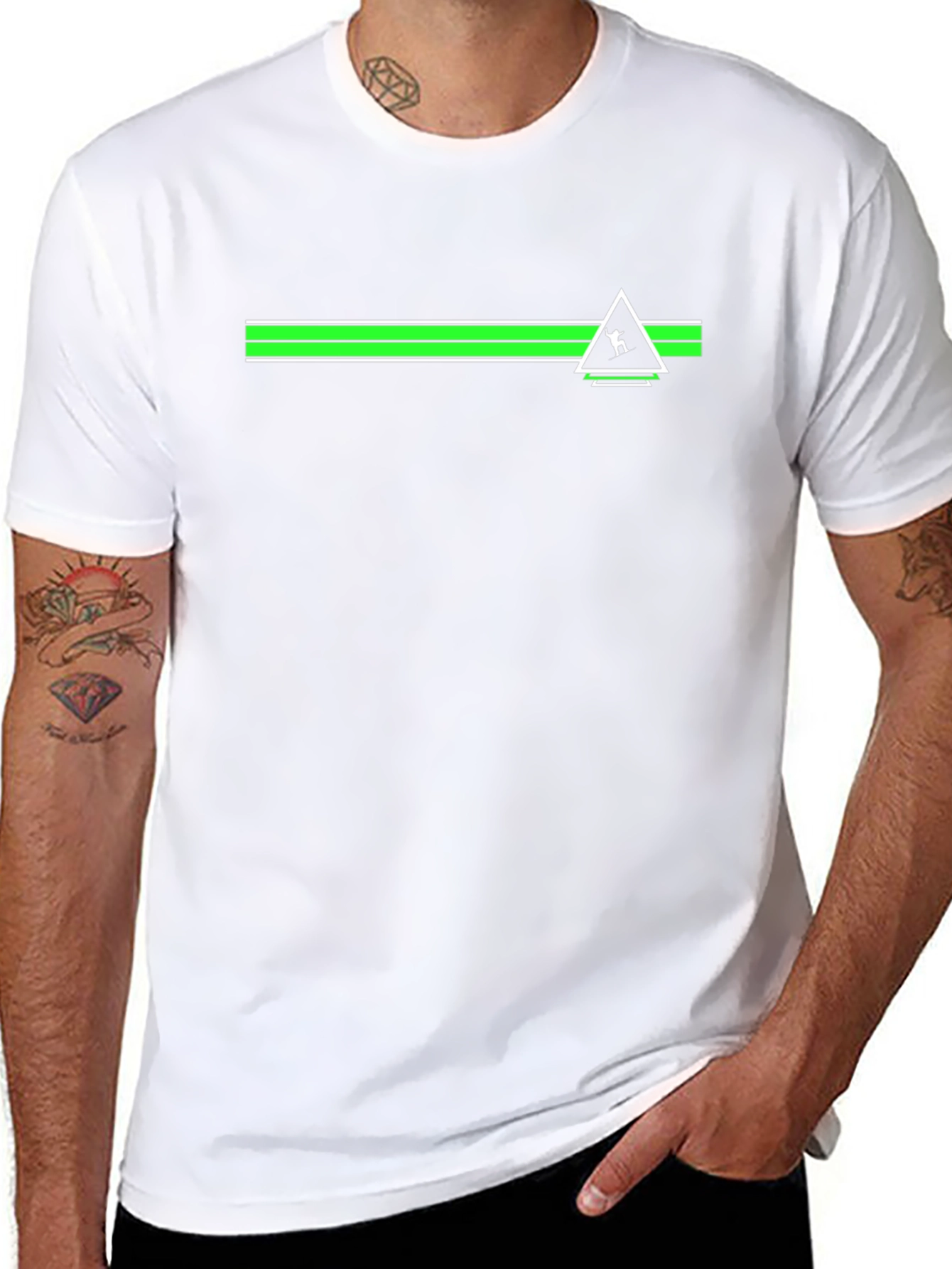 Geometric Green Striped Graphic Black T-Shirt