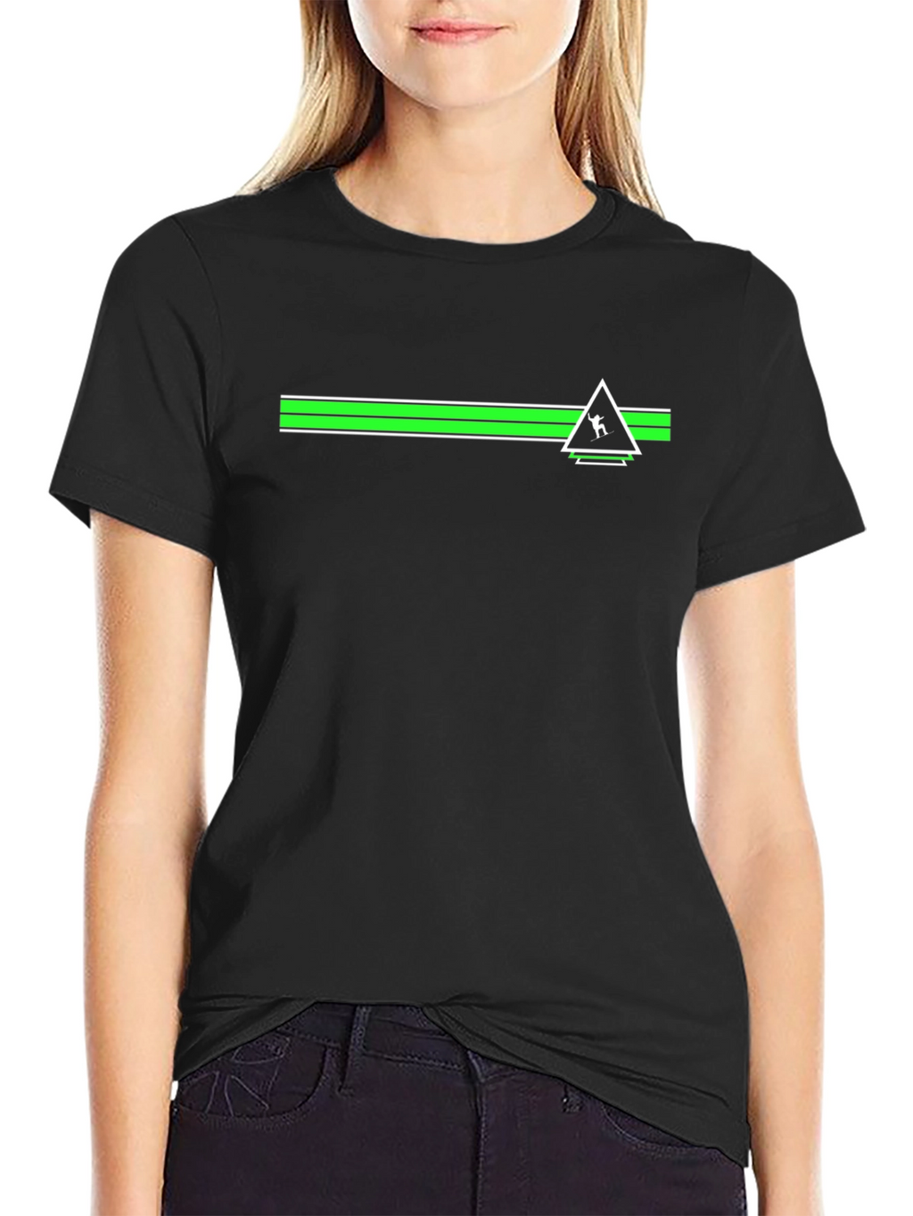 Geometric Green Striped Graphic Black T-Shirt