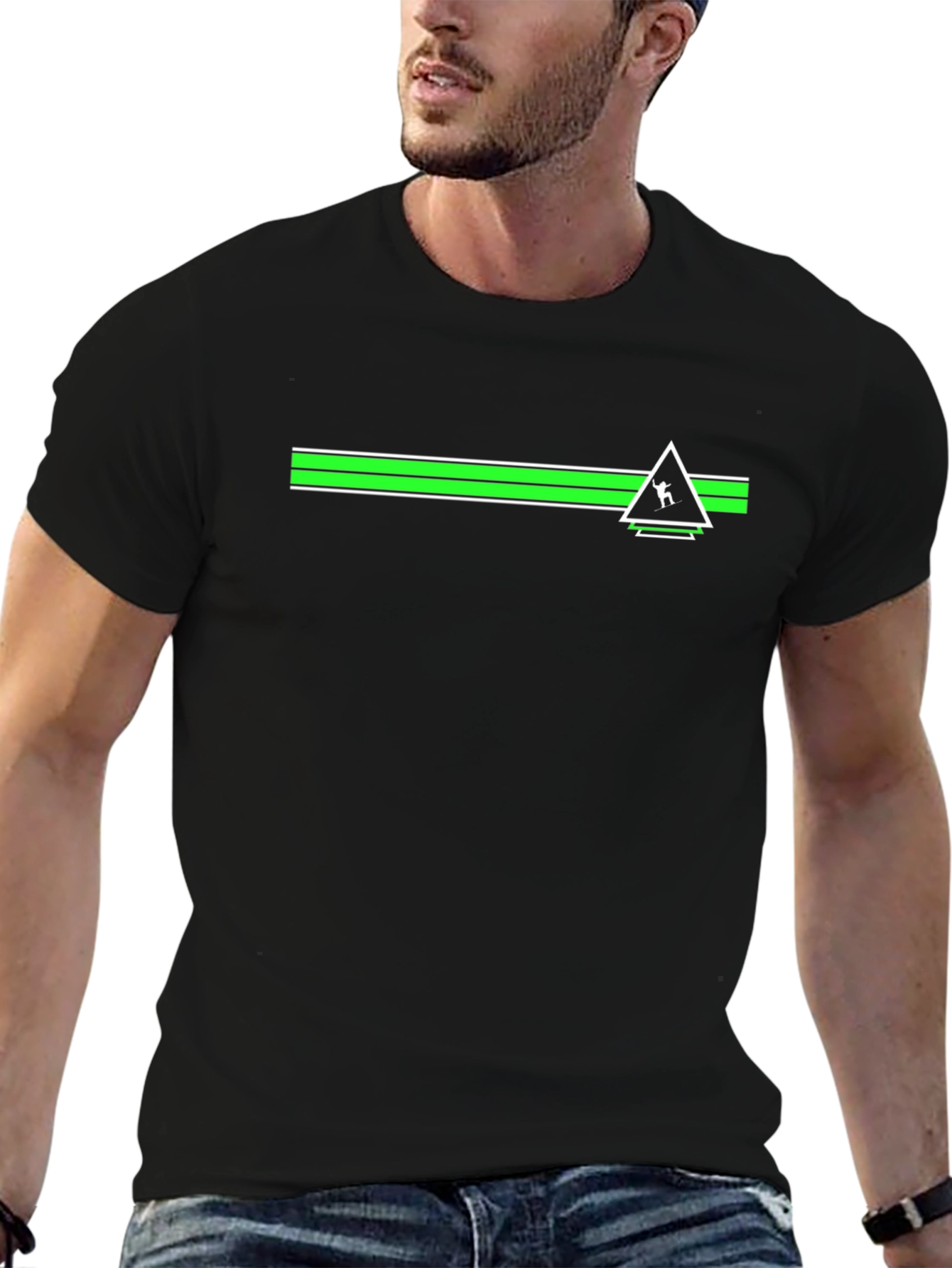 Geometric Green Striped Graphic Black T-Shirt