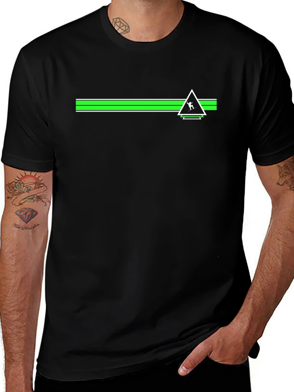 Geometric Green Striped Graphic Black T-Shirt