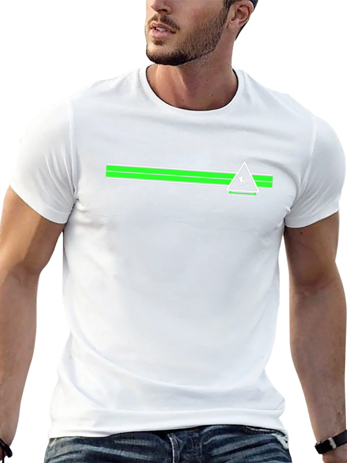 Geometric Green Striped Graphic Black T-Shirt