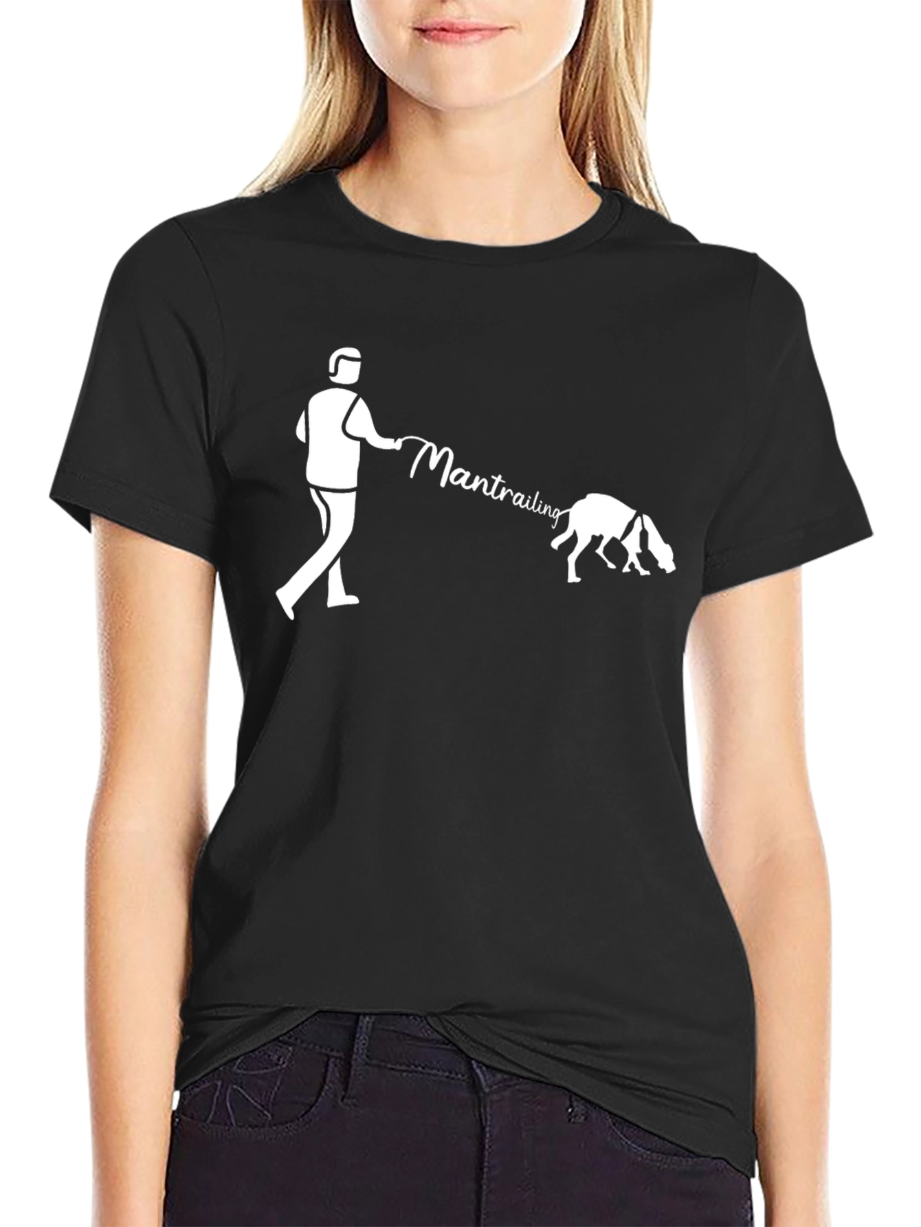 Man Trailing Dog Graphic T-Shirt - Black